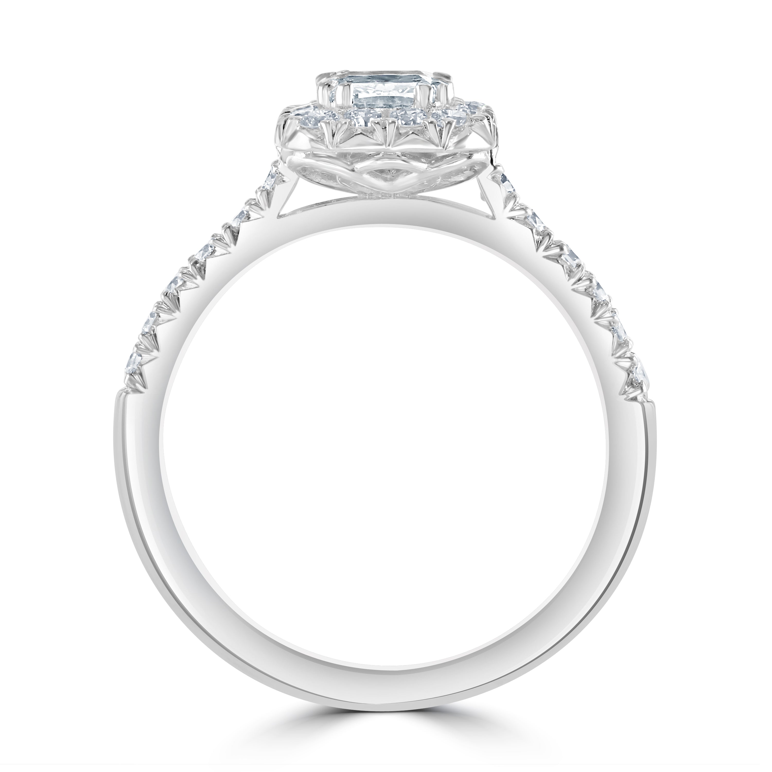 Platinum Cushion Cut Diamond Halo Ring with Diamond Shoulders