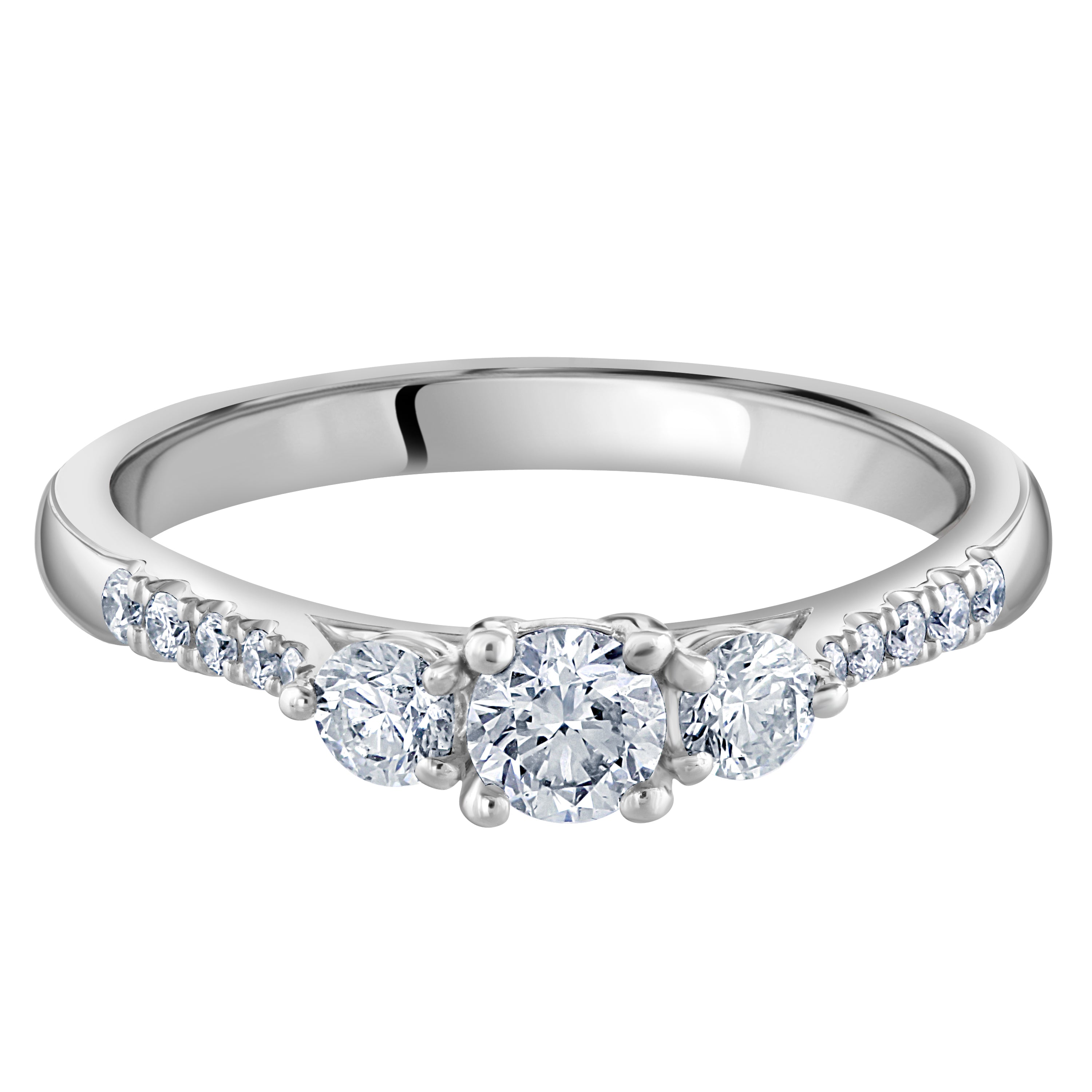 Platinum Round Brilliant Cut Diamond Trilogy Ring with Diamond Shoulders
