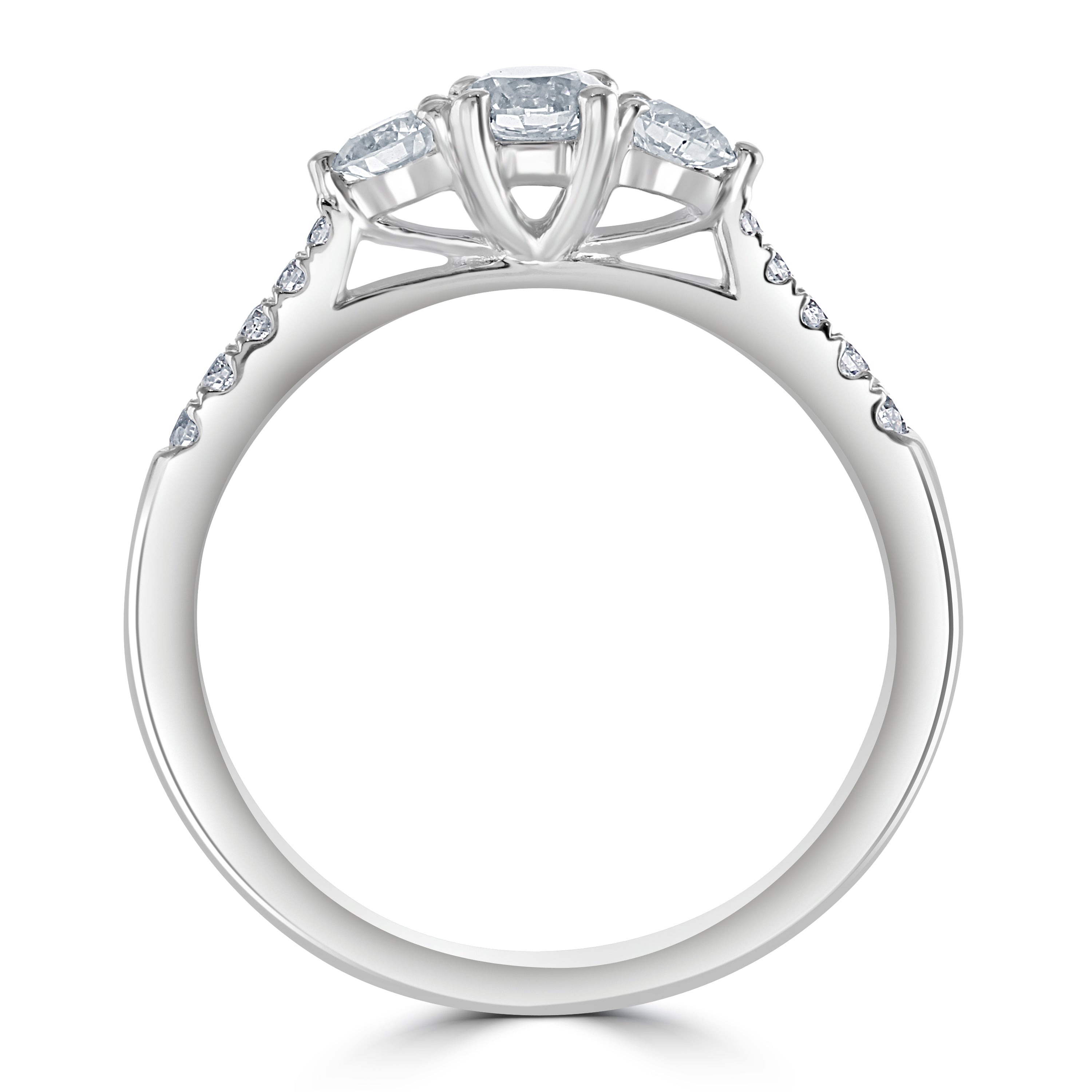 Platinum Round Brilliant Cut Diamond Trilogy Ring with Diamond Shoulders