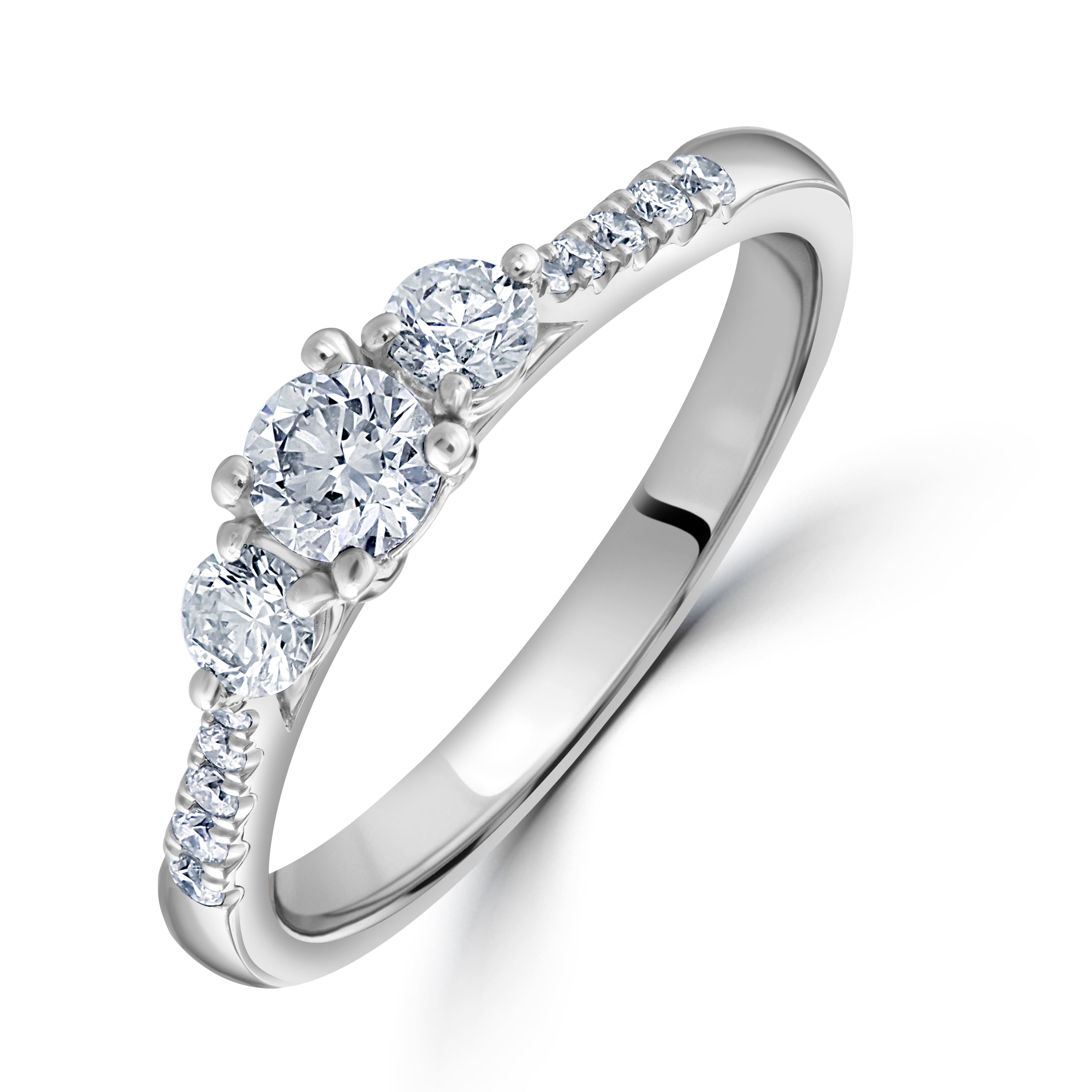 Platinum Round Brilliant Cut Diamond Trilogy Ring with Diamond Shoulders