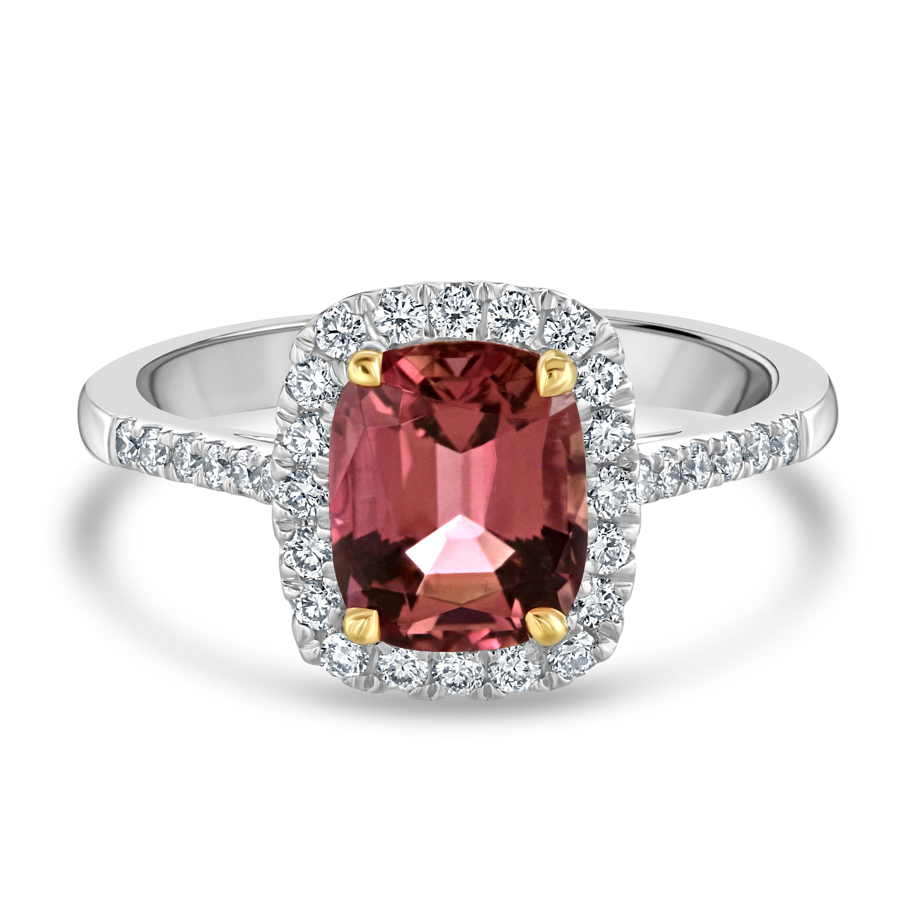 18ct White & Rose Gold Pink Tourmaline & Diamond Halo Cluster Ring with Diamond Shoulders