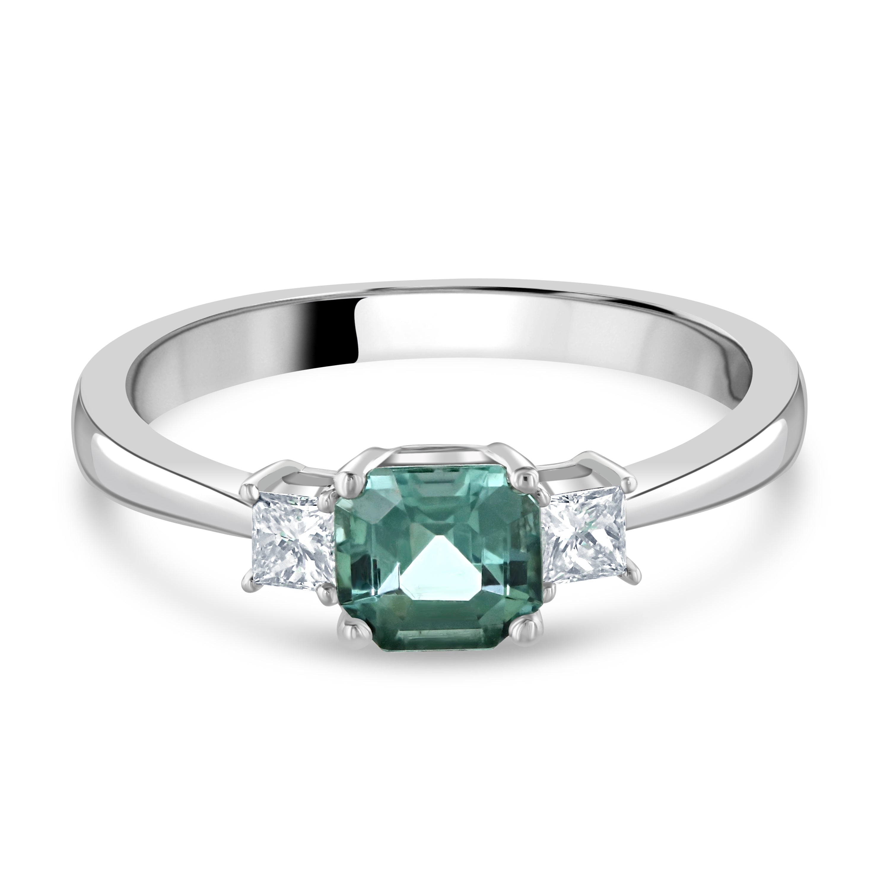 Platinum Octagonal Blue-Green Tourmaline & Diamond Trilogy Ring