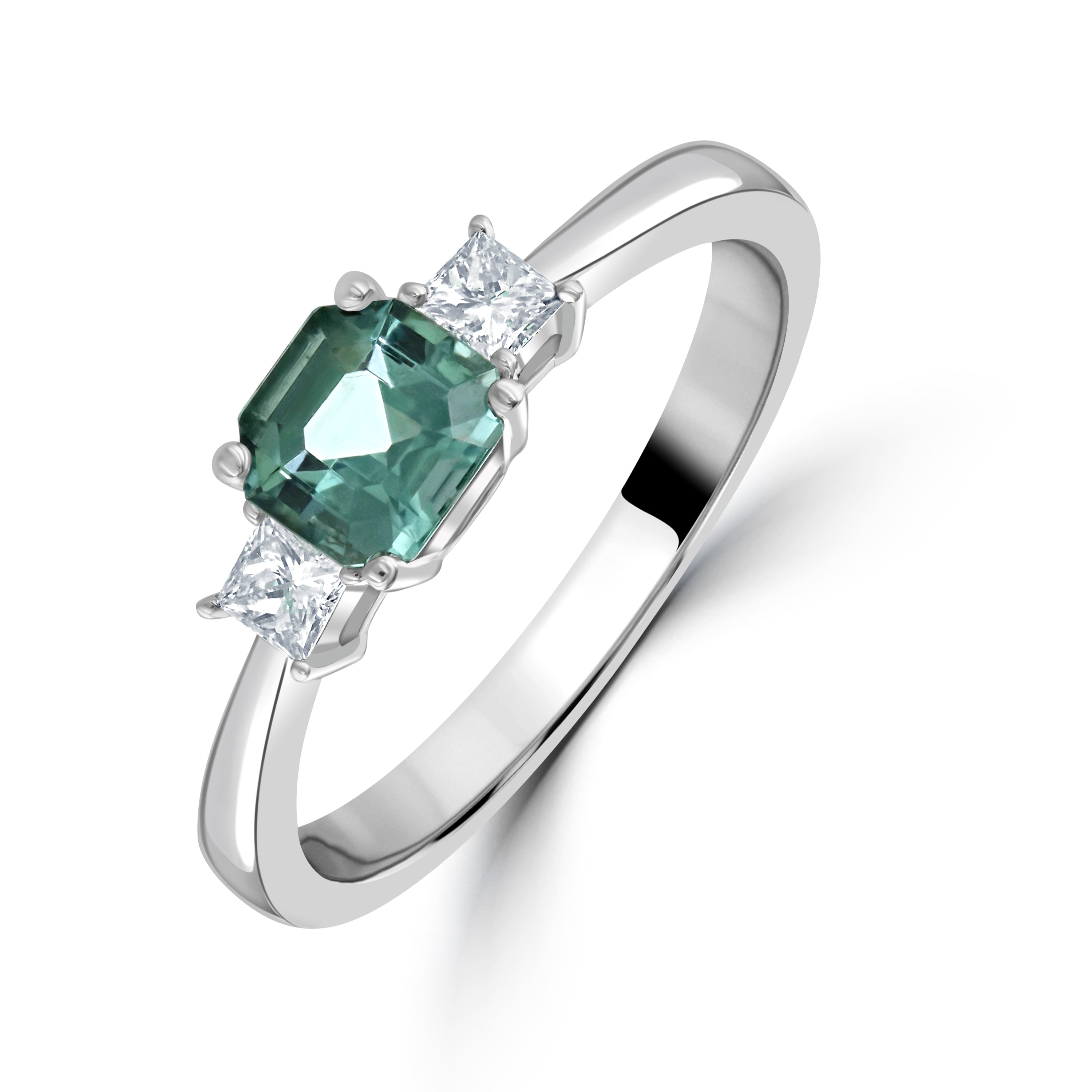 Platinum Octagonal Blue-Green Tourmaline & Diamond Trilogy Ring