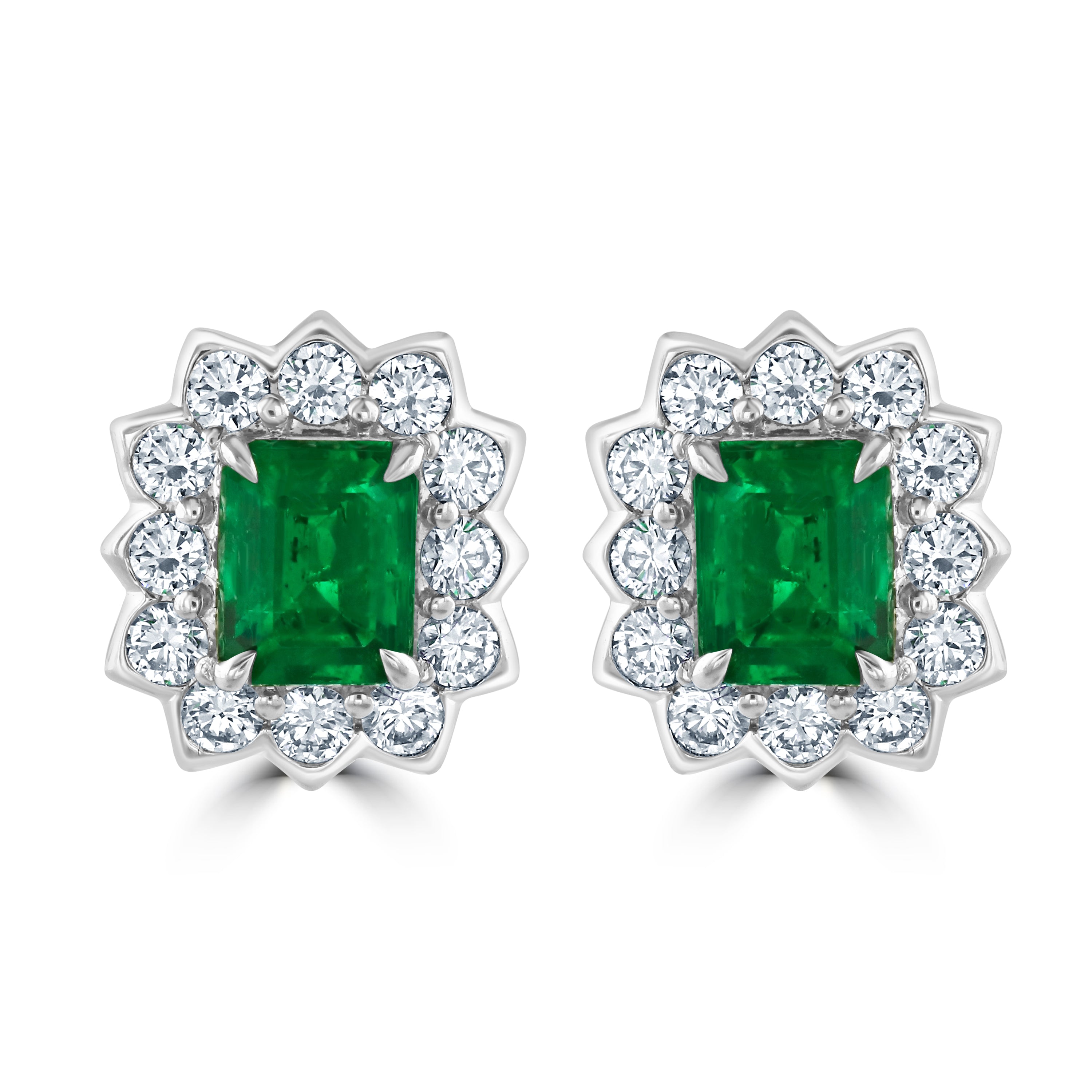 18ct White Gold Rectangular Cut Emerald & Diamond Halo Cluster Earrings