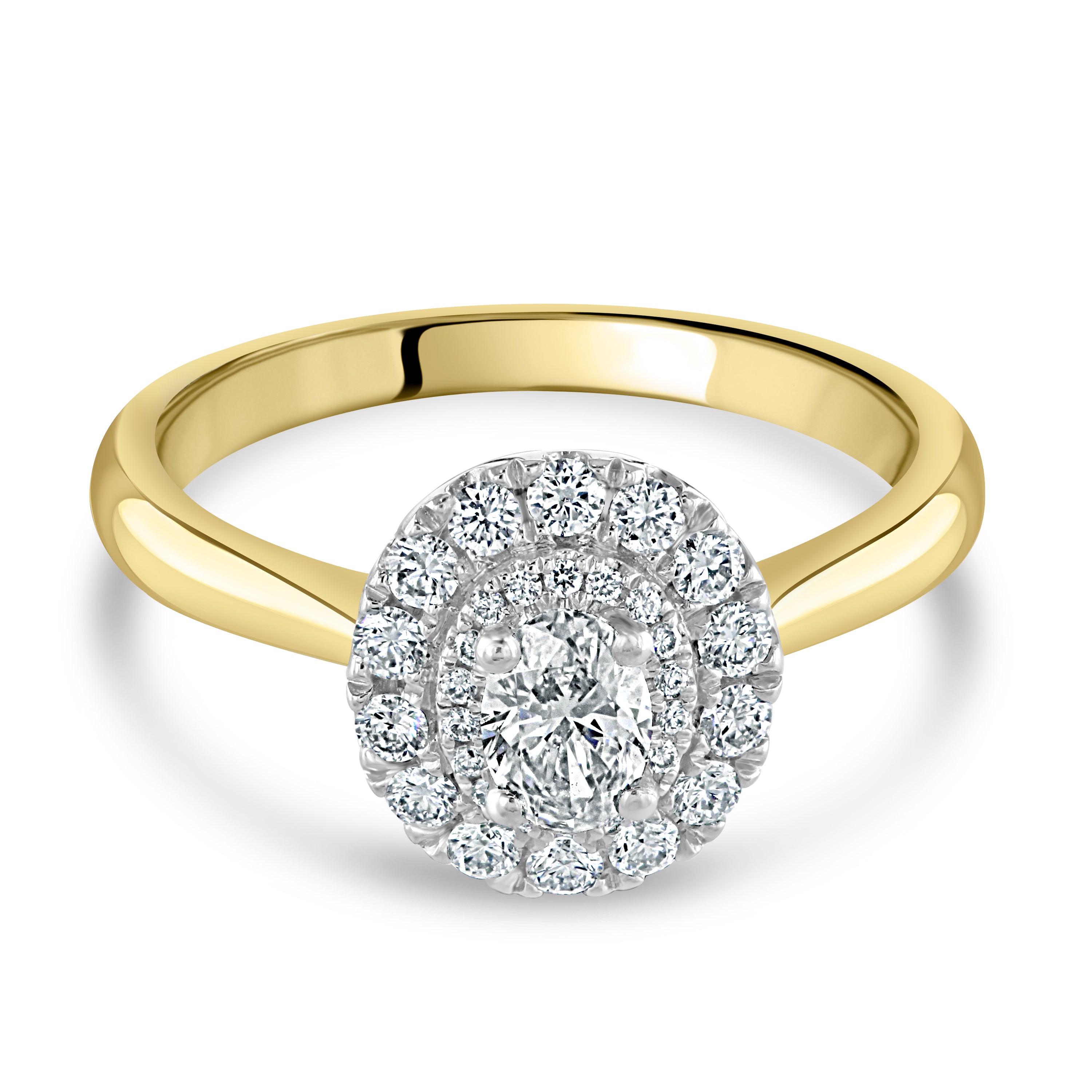 18ct Yellow Gold dbl halo Oval dia clust ring