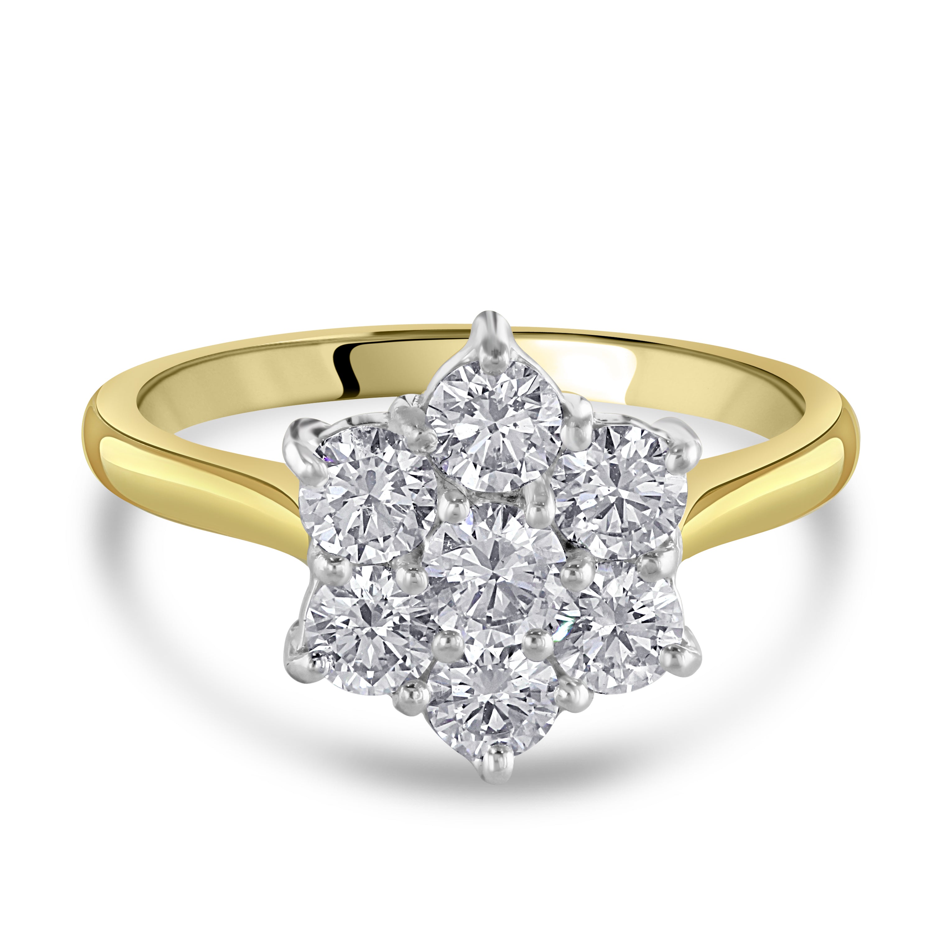 18ct Yellow Gold 7-st b/c dia clw set flwr clust ring
