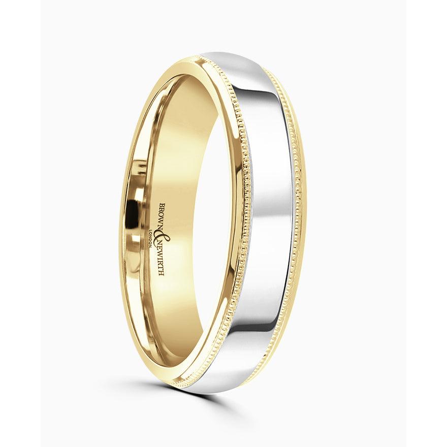 9ct Yellow and White Gold 6mm wht gold cent beaded edge wedd ring