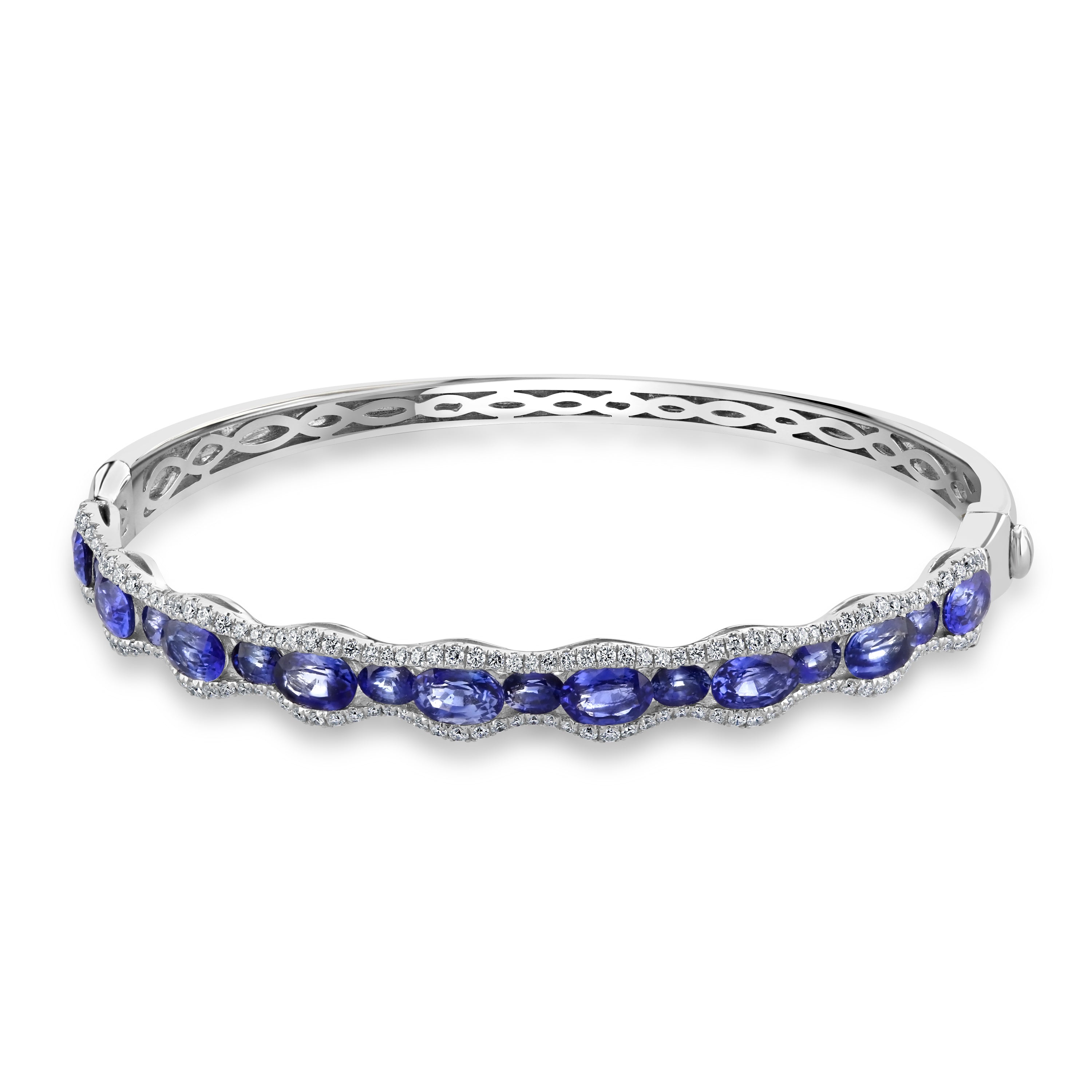 18ct White Gold Oval Cut Sapphire & Diamond Wave Hinged Bangle
