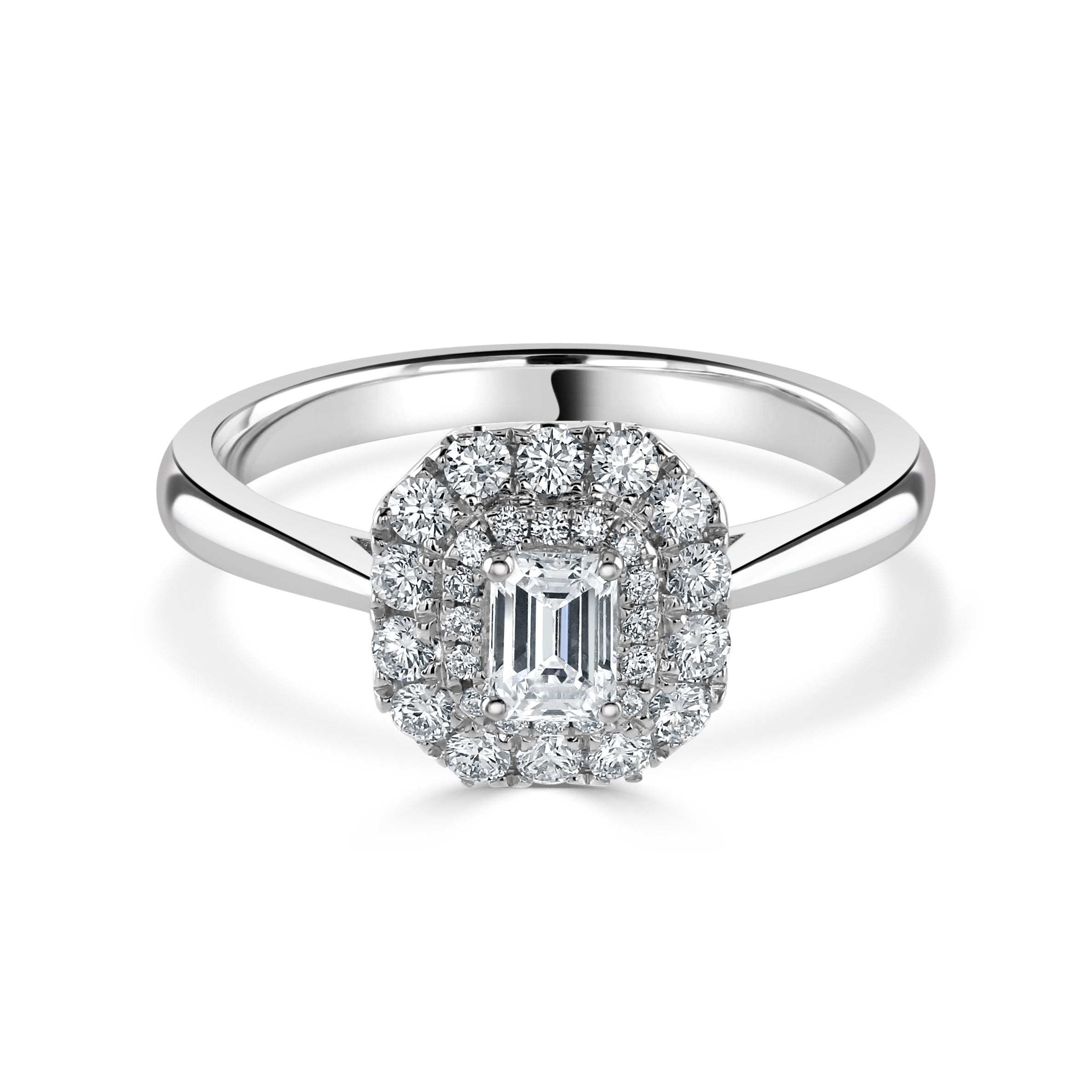Platinum Emerald Cut Diamond Double Halo Cluster Ring