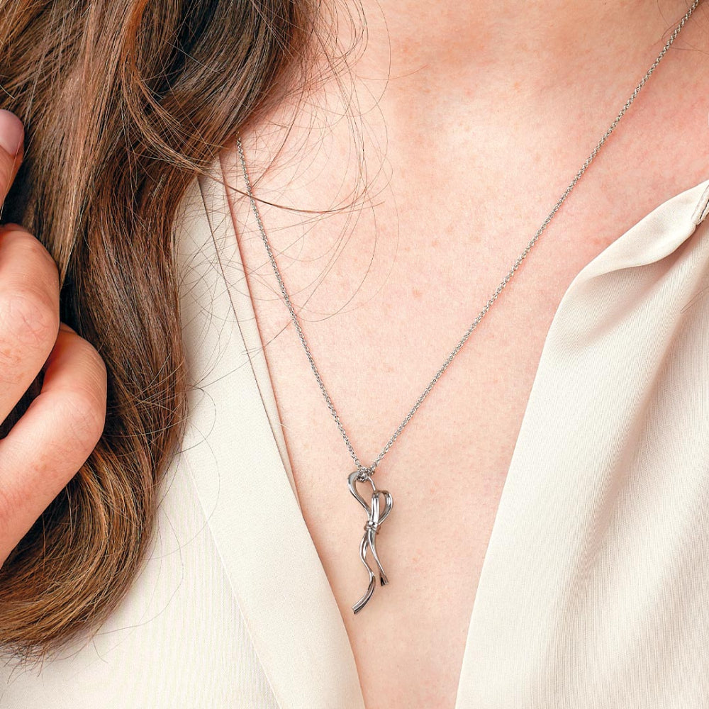 Rhodium Plated Silver Serenity Ribbon Bow Loop Necklace