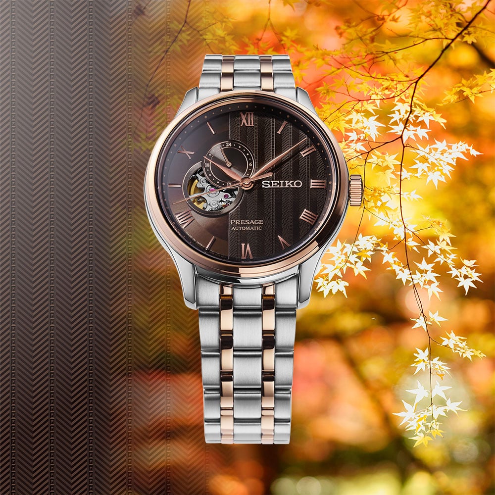 Seiko Presage Japanese Garden Automatic Watch with Open Heart. Pink Dial Stainless Steel Bracelet.