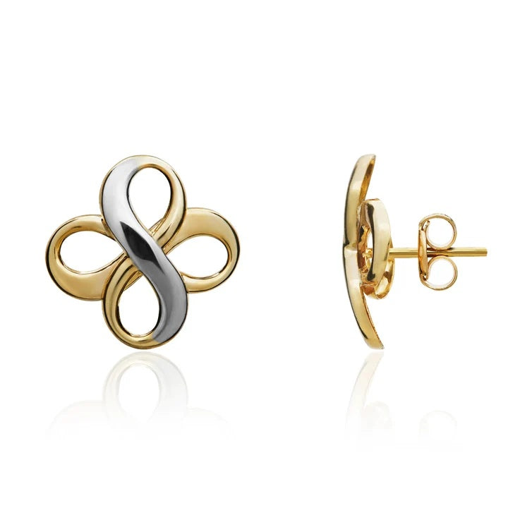 9ct  Two Tone White & Yellow Gold Double Infinity Stud Earrings 12mm
