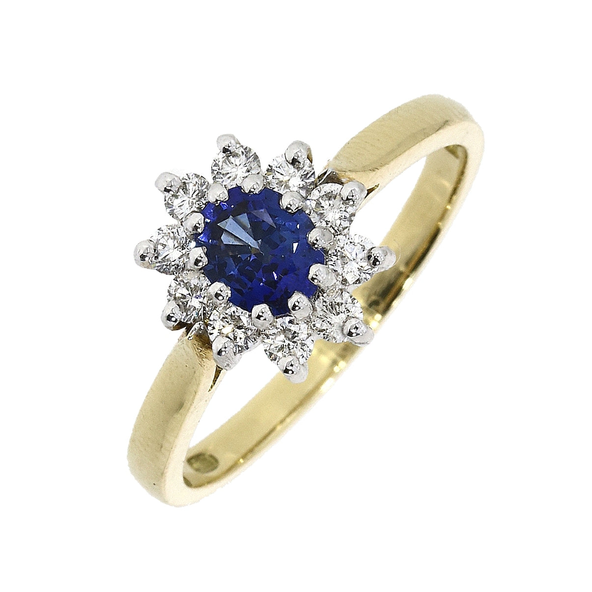18ct yellow and white gold Sapphier and 10 Diamond Cluster Ring