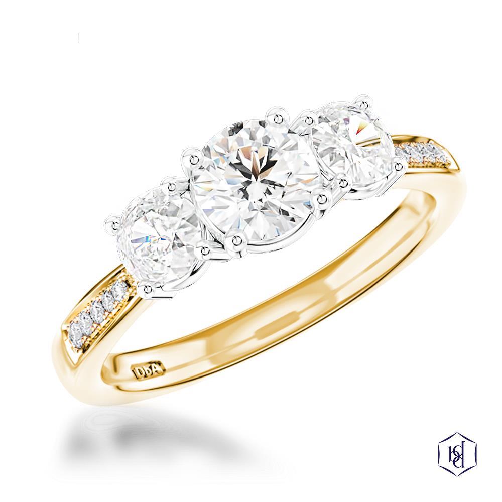 Memoire Three Stone Round Brilliant Cut 18ct Yellow Gold Shank and Platinum Head Three Stone Diamond