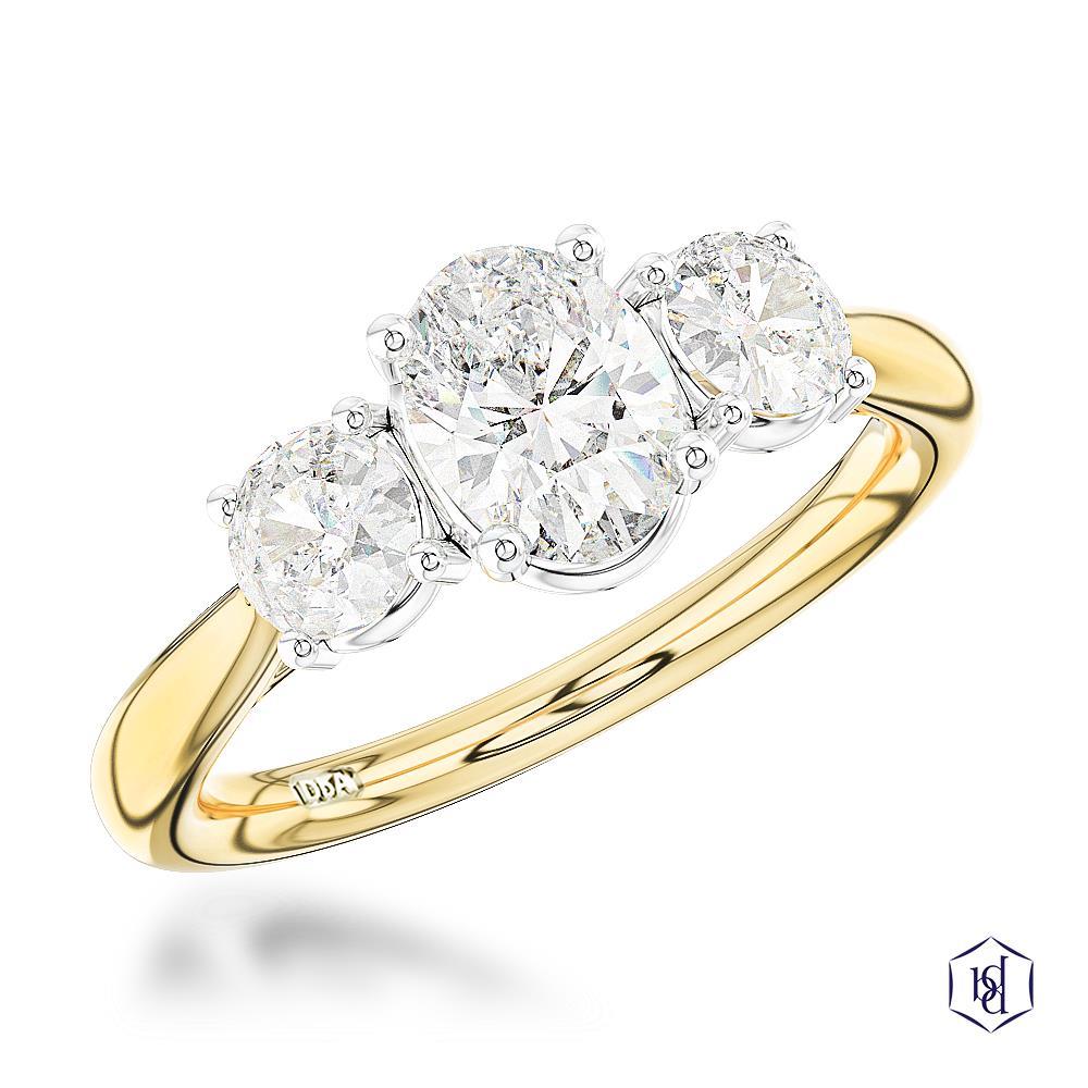 Royal Oval Oval Cut 18ct Yellow Gold Shank and Platinum Head Three Stone Diamond
