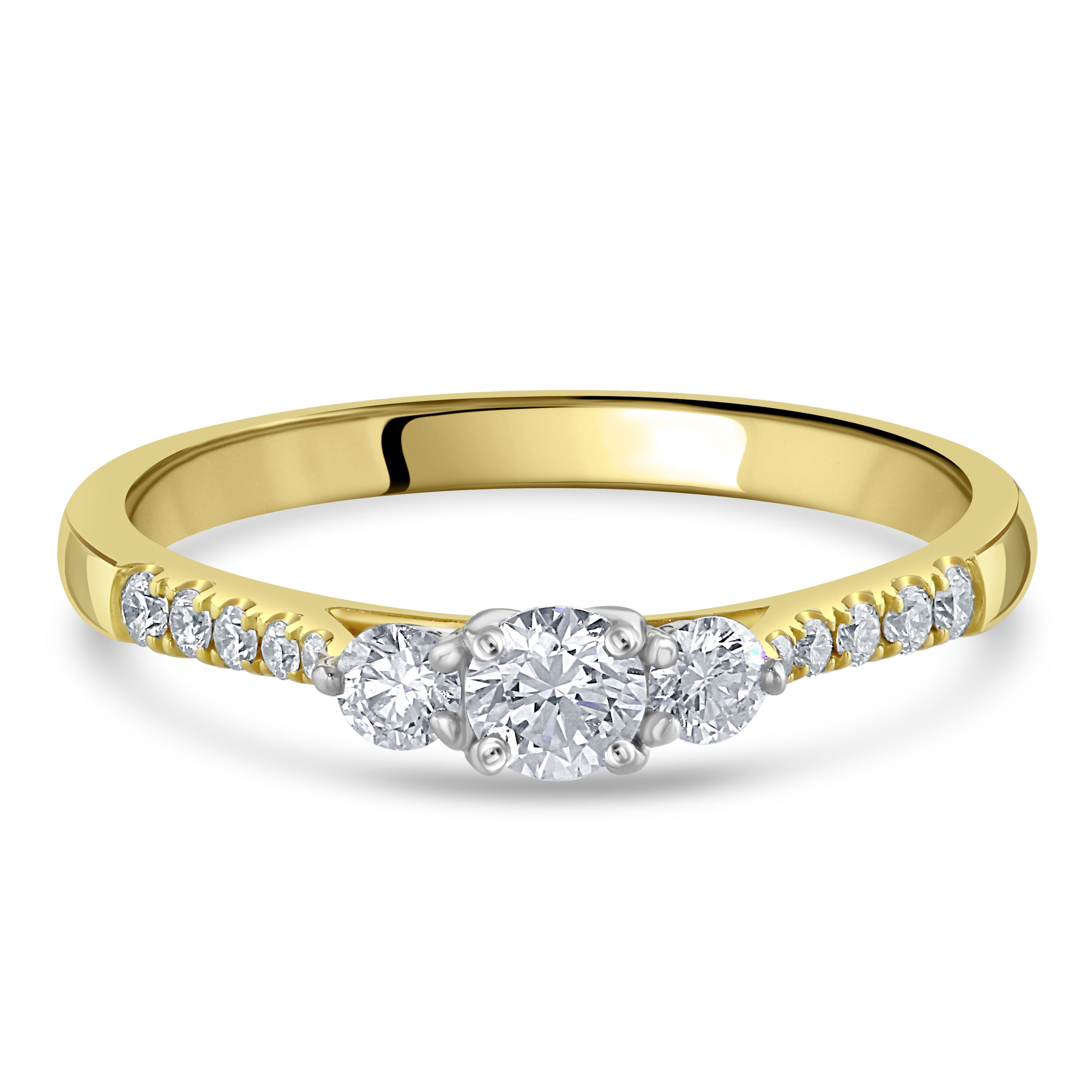 18ct Yellow Gold Round Brilliant Cut Diamond Trilogy Ring with Diamond Shoulders