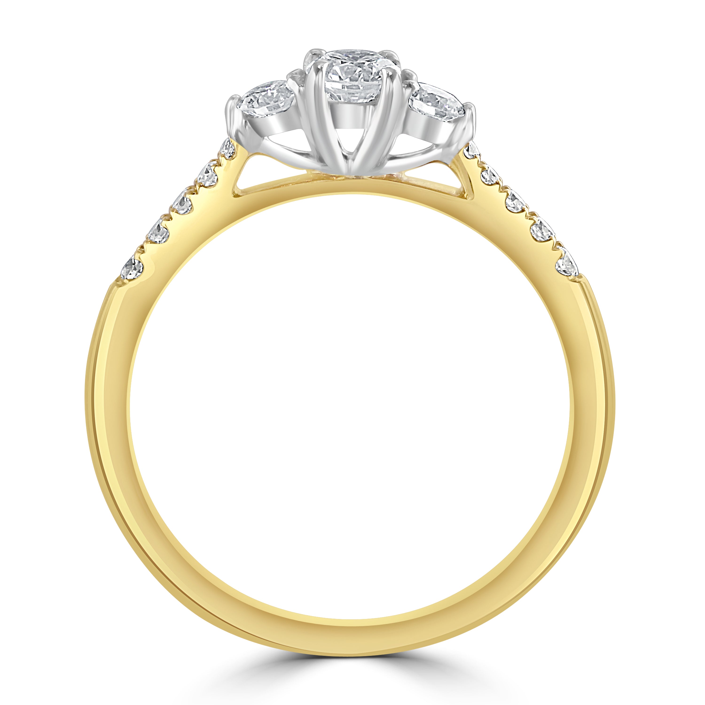 18ct Yellow Gold Round Brilliant Cut Diamond Trilogy Ring with Diamond Shoulders