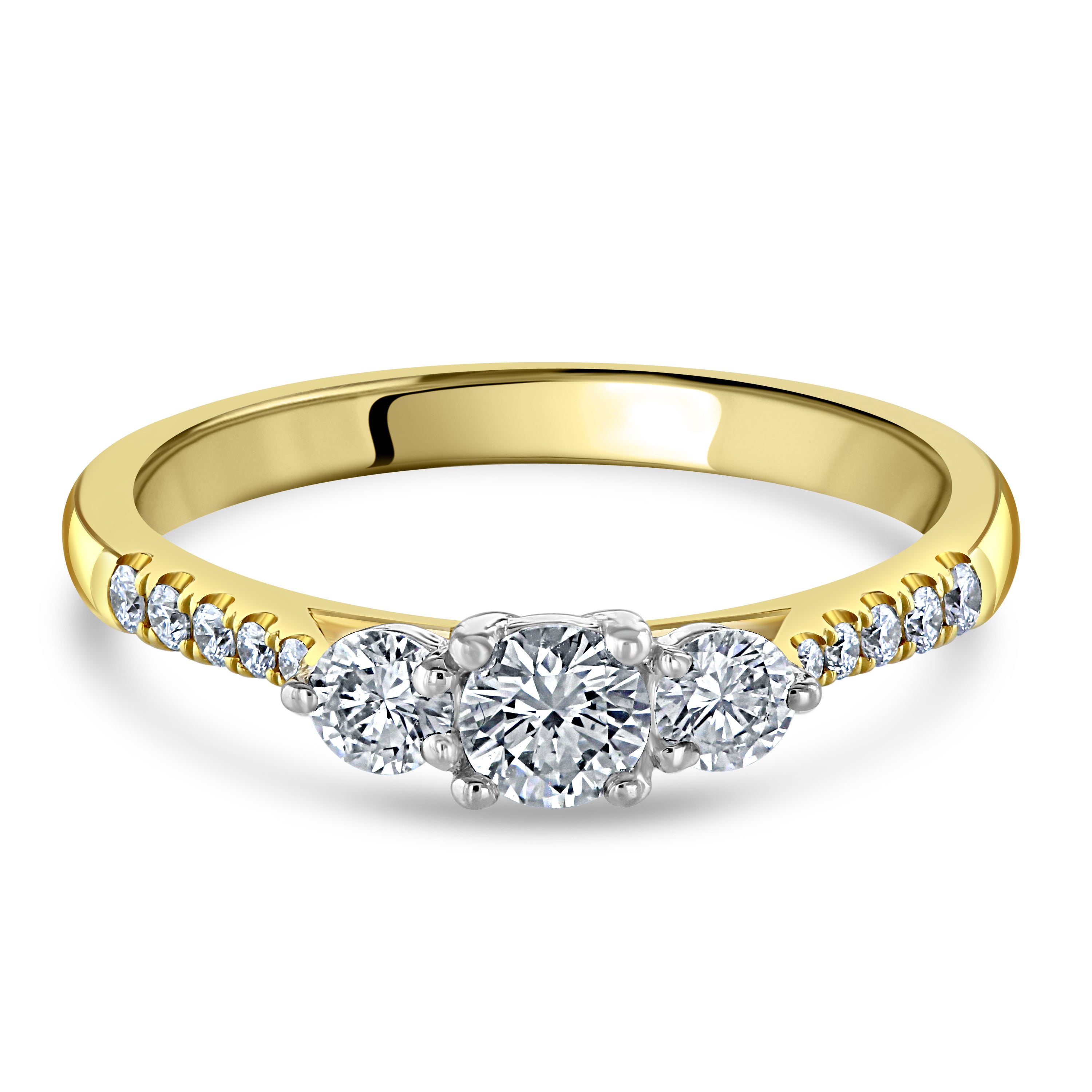 18ct Yellow Gold Round Brilliant Cut Diamond Trilogy Ring with Diamond Shoulders