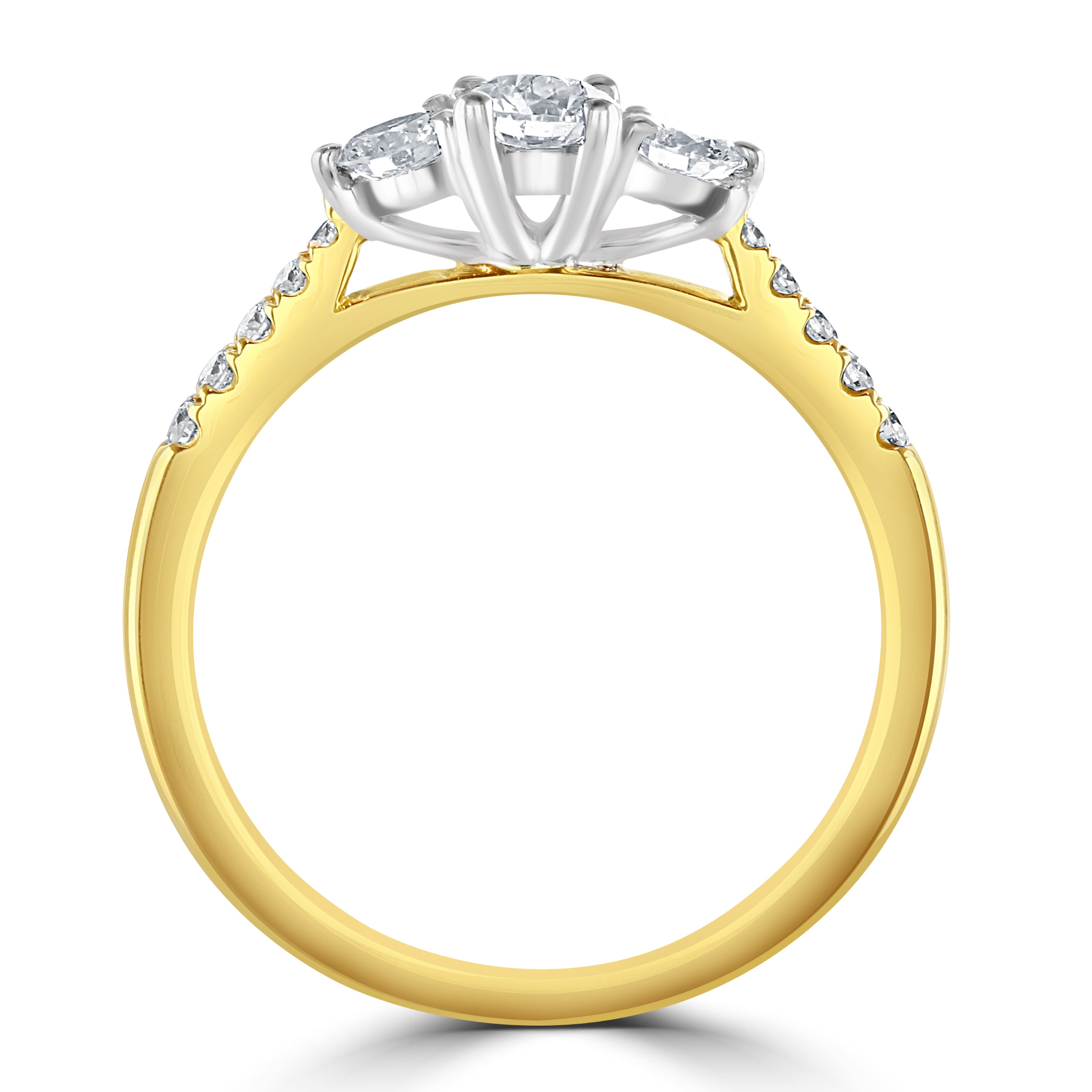 18ct Yellow Gold Round Brilliant Cut Diamond Trilogy Ring with Diamond Shoulders