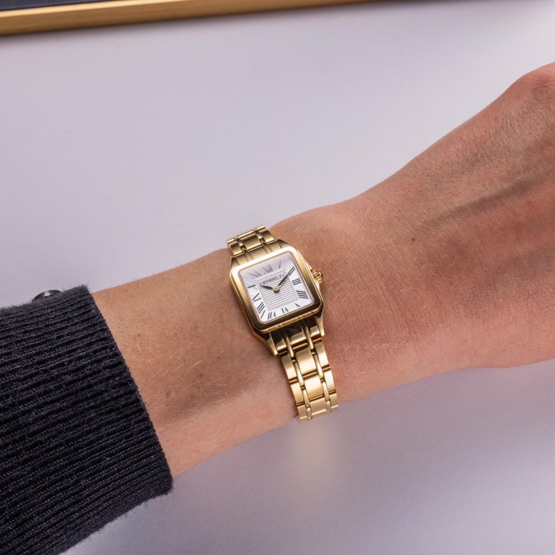 Mini Luna Square Quartz Watch. Two Tone Stainless Steel and Gold Plate Bracelet