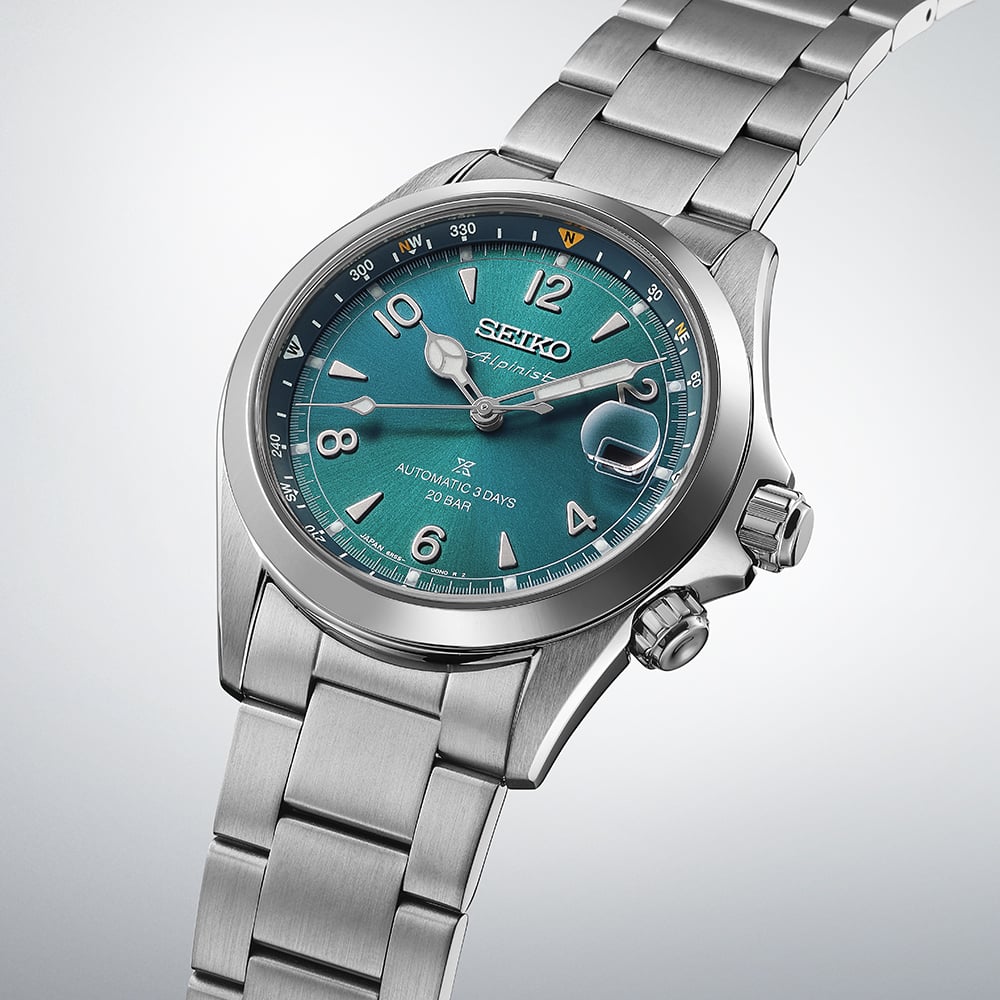 Seiko Prospex Alpinist stainless steel case Teal dial date internal compass bezel bracelet automatic