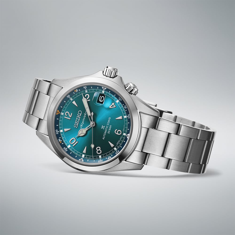 Seiko Prospex Alpinist stainless steel case Teal dial date internal compass bezel bracelet automatic