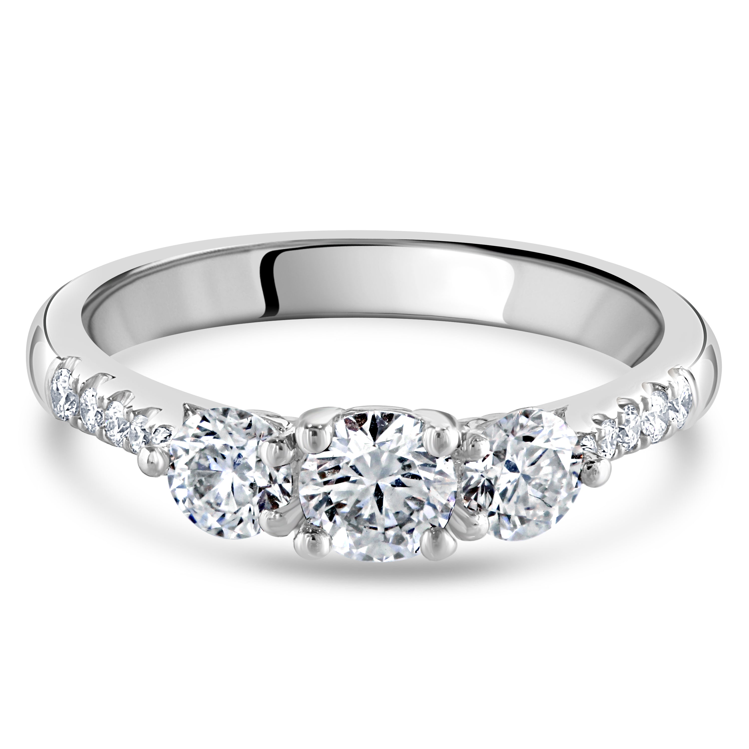 Platinum Round Brilliant Cut Diamond Trilogy Ring with Diamond Shoulders