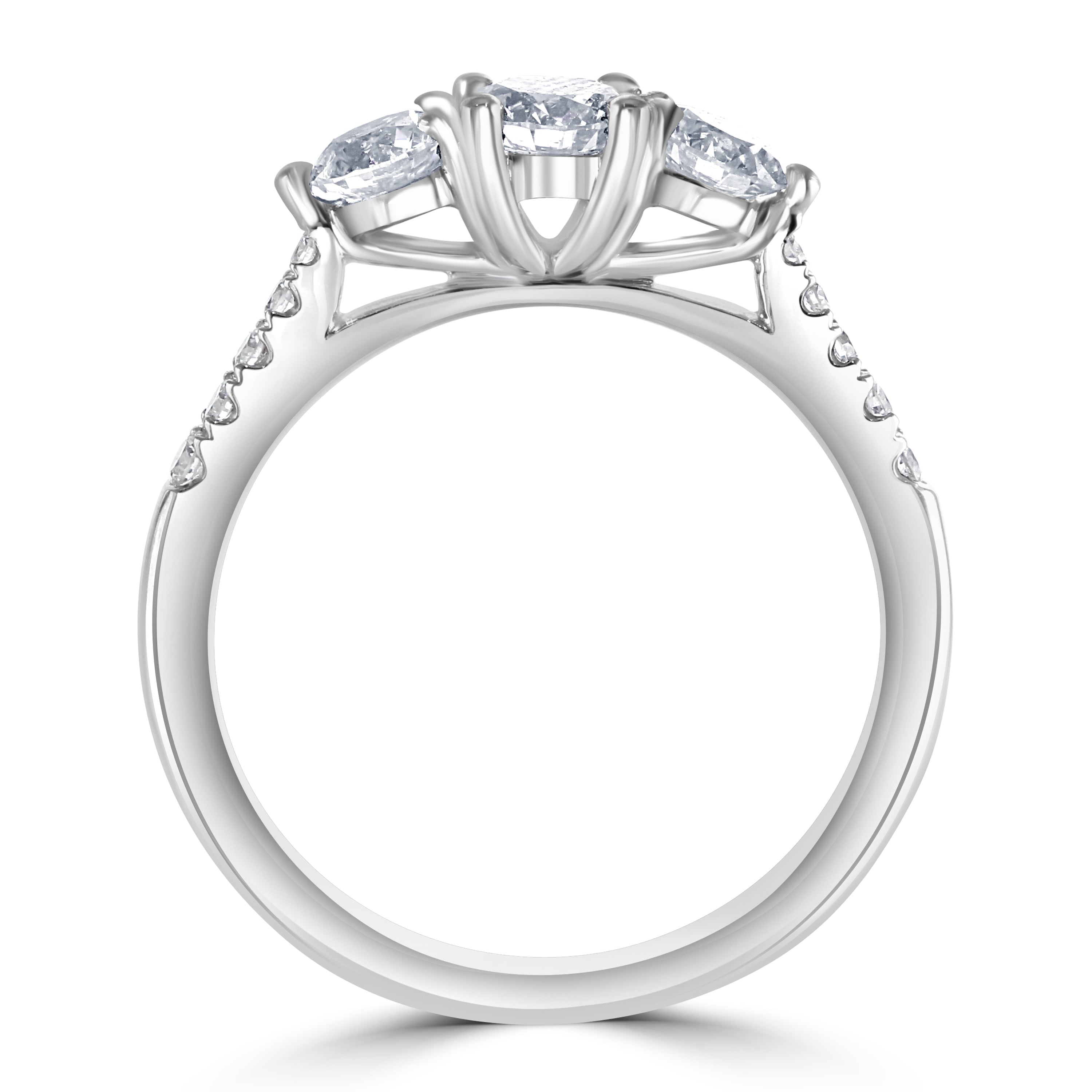 Platinum Round Brilliant Cut Diamond Trilogy Ring with Diamond Shoulders