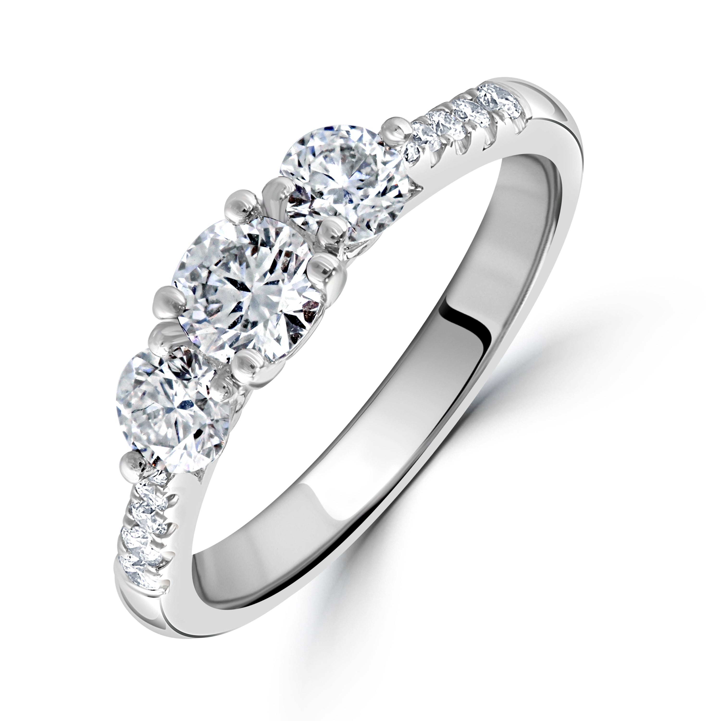 Platinum Round Brilliant Cut Diamond Trilogy Ring with Diamond Shoulders