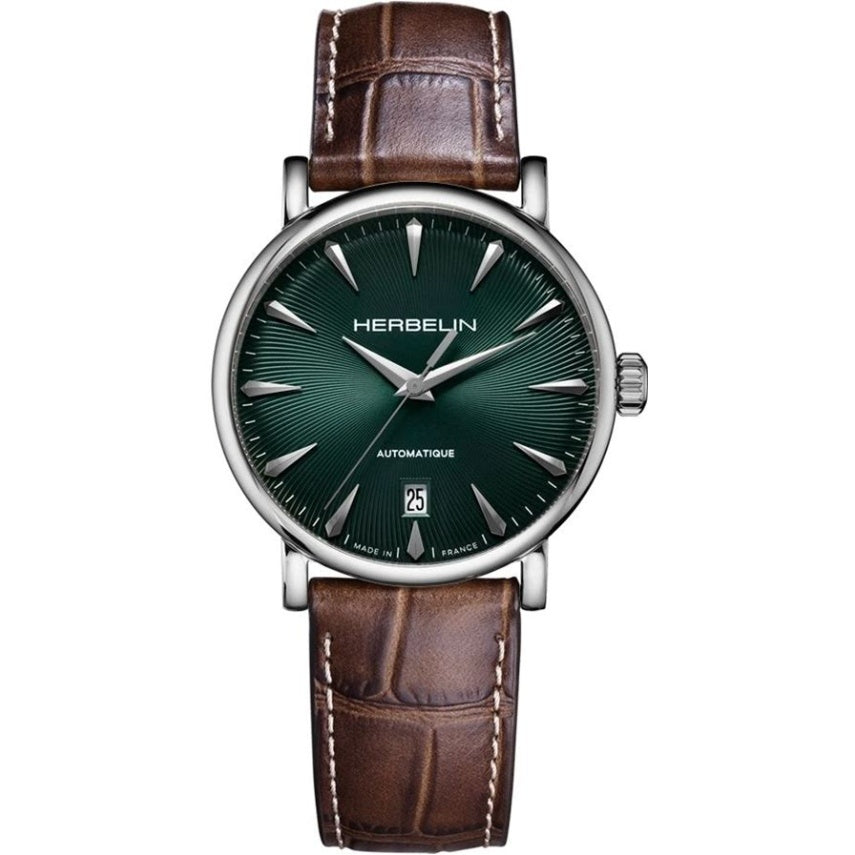 Inspiration Automatic Watch. Green Dial, Gold PVD Case and Brown Leather Strap