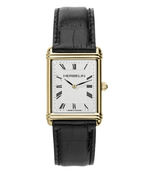Herbelin Art Deco Dame Quartz Watch. White Dial, Gold PVD Case, Black Leather Strap.