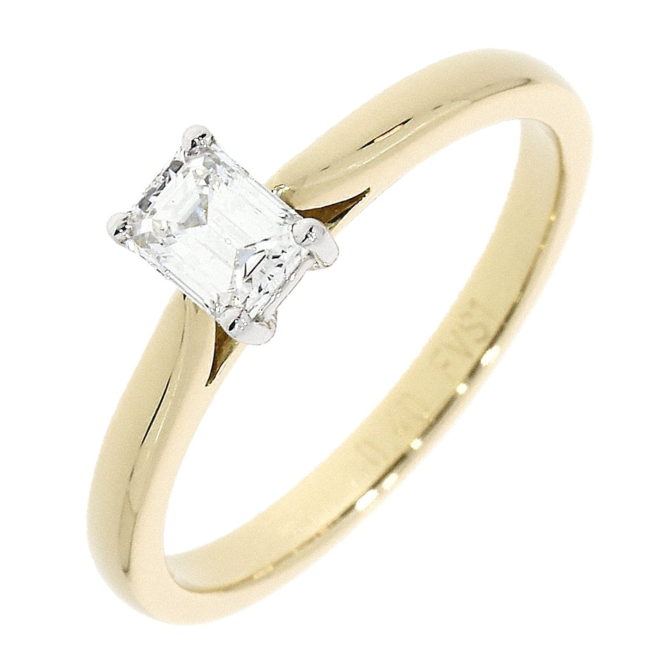18ct Gold yellow gold and platinum claw set emerald cut solitaire Diamond ring