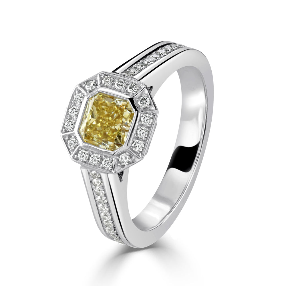Platinum Asscher Cut Fancy Yellow Diamond & Diamond Halo Cluster Ring with Diamond Shoulders