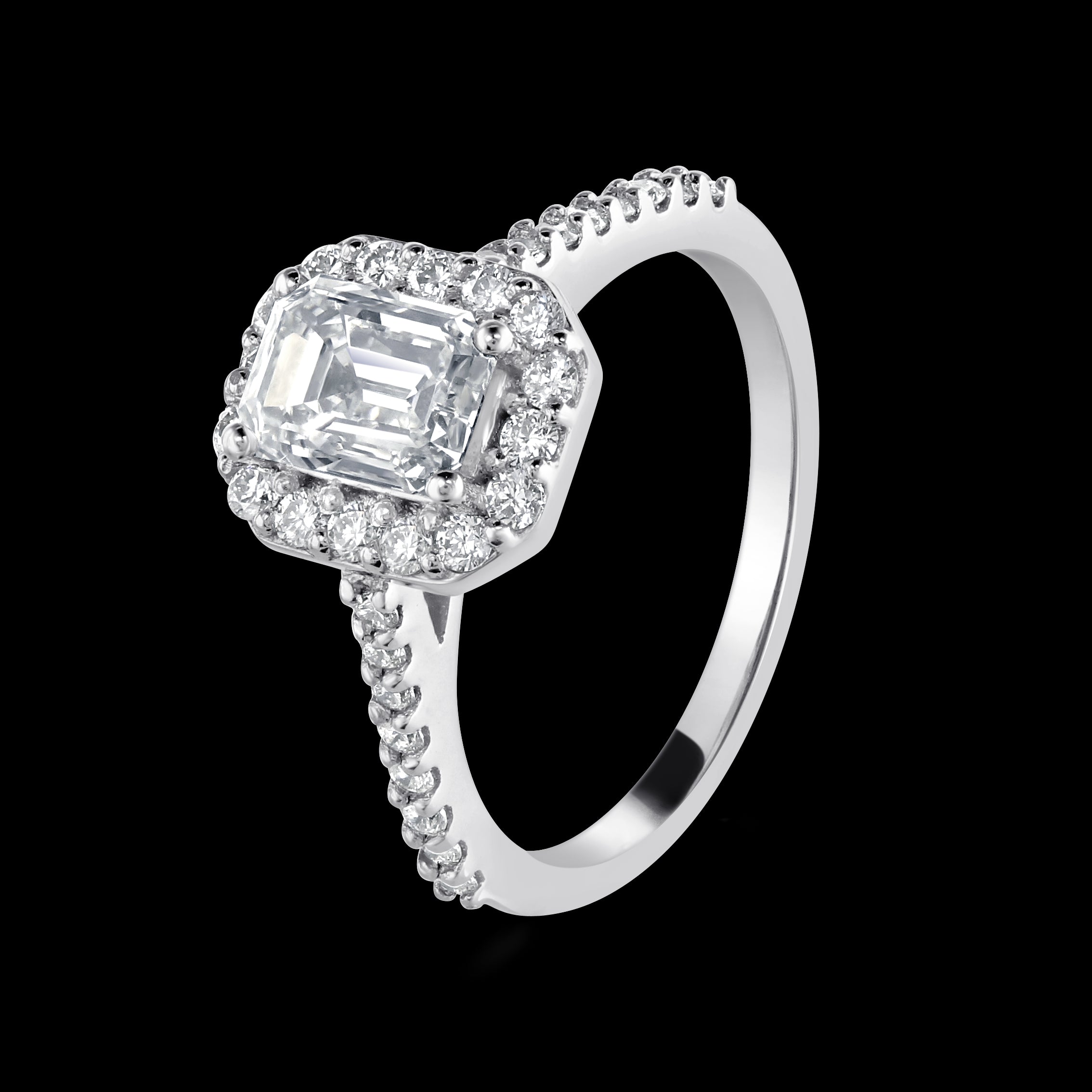 Platinum Emerald Cut Diamond Halo Cluster Ring with Diamond Shoulders