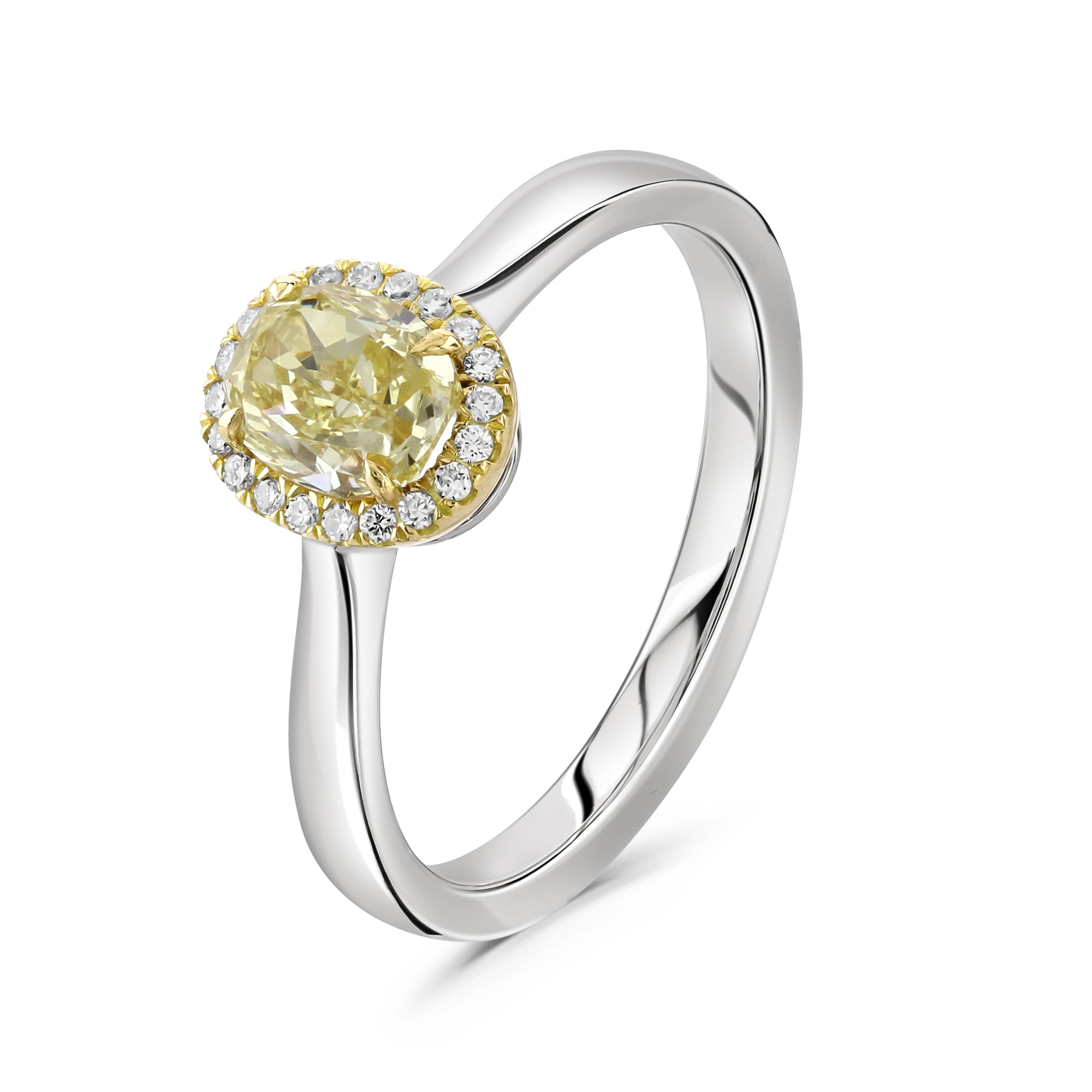 0.91ct Oval Cut Yellow Diamond Halo Cluster Platinum & 18ct Yellow Gold Ring