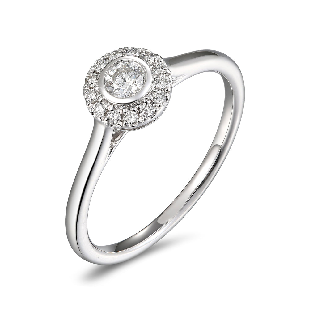 Platinum rubover set round brilliant cut Diamond halo cluster ring