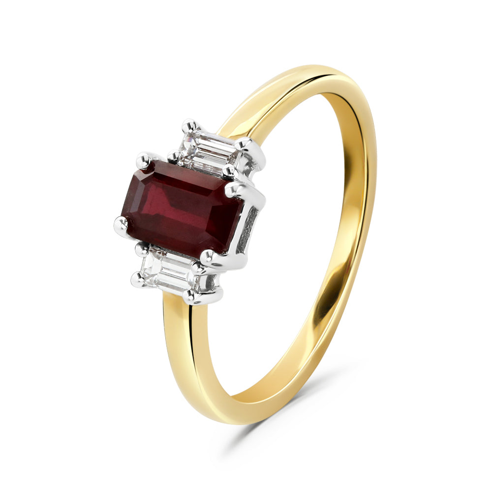 18ct Yellow Gold Octagonal Cut Ruby & Baguette Cut Diamond Trilogy Ring