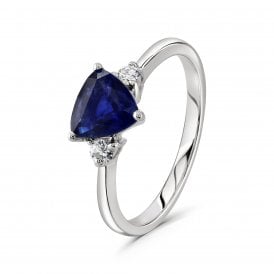 18ct White Gold Trilliant Cut Sapphire & Round Brilliant Cut Diamond Trilogy Ring