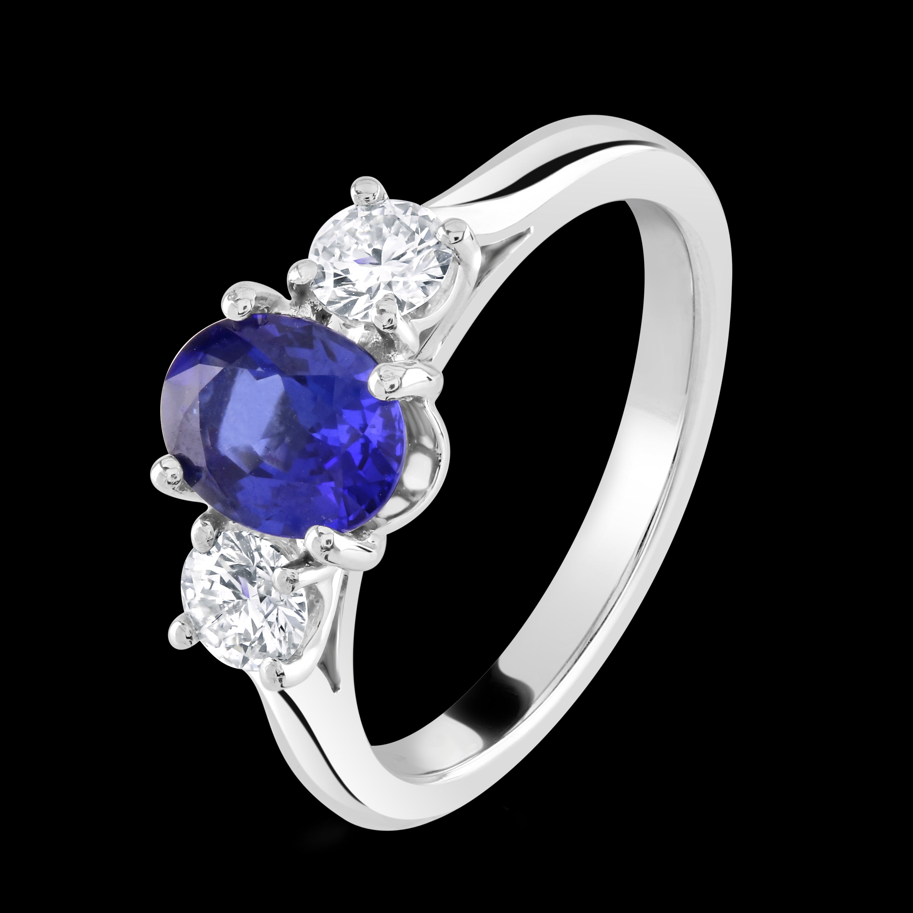 Platinum Oval Cut Sapphire & Round Brilliant Cut Diamond Trilogy Ring