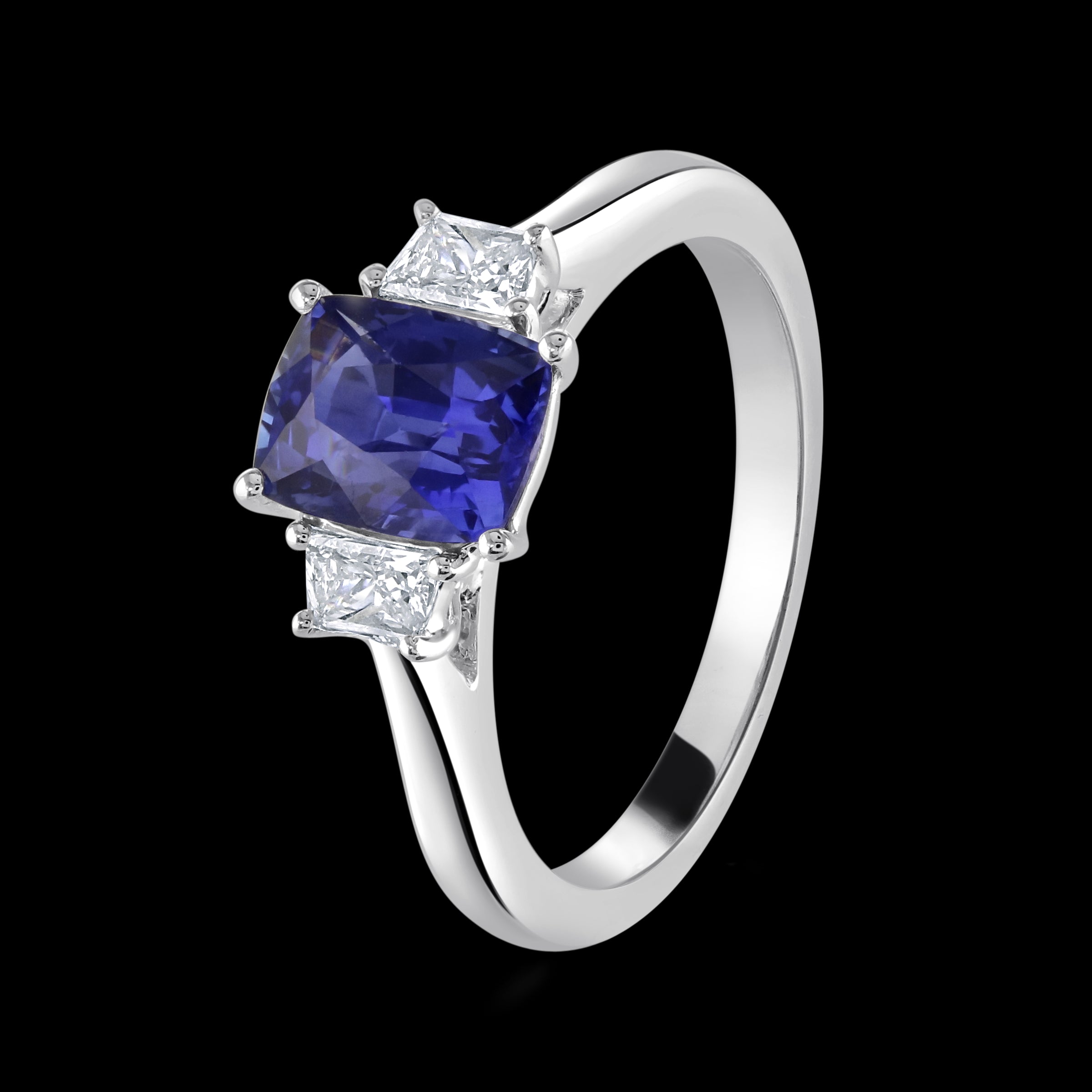 Platinum Cushion Cut Sapphire & Trapezoid Cut Diamond Trilogy Ring