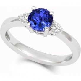 18ct White Gold Round Cut Tanzanite & Diamond Trilogy Ring