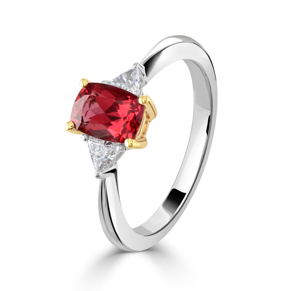 18ct White & Yellow Gold Rectangular Red Spinel & Trilliant Cut Diamond Trilogy Ring