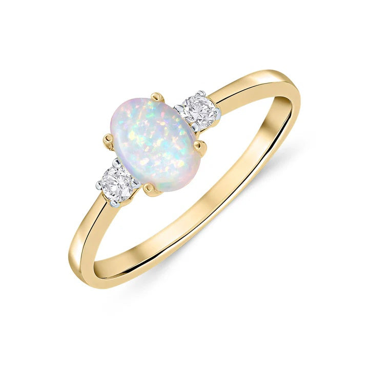 18CT Yellow Gold 7x5 Oval Opal & Diamond Three Stone Ring