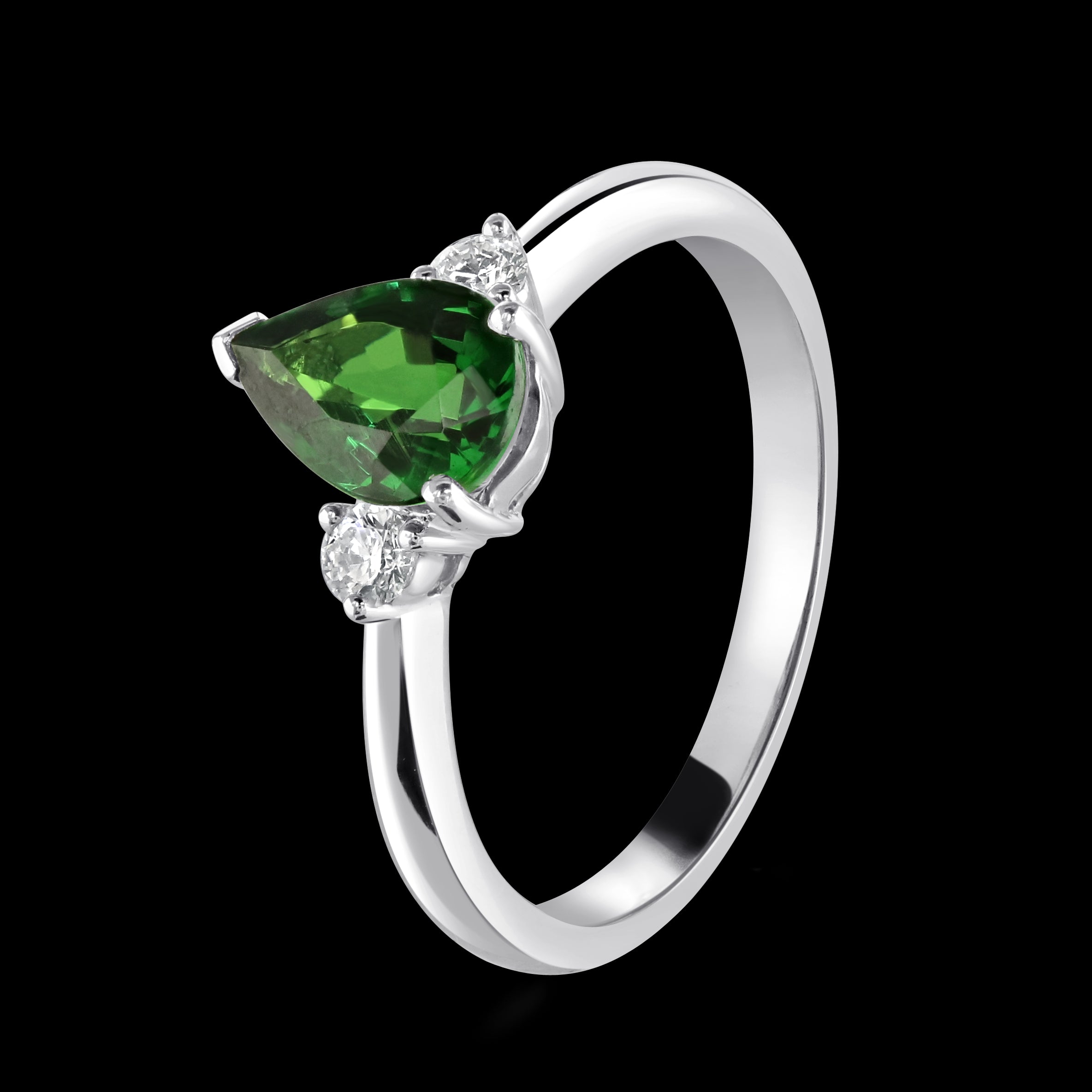 18ct White Gold Pear Cut Tsavorite & Round Brilliant Cut Diamond Trilogy Ring