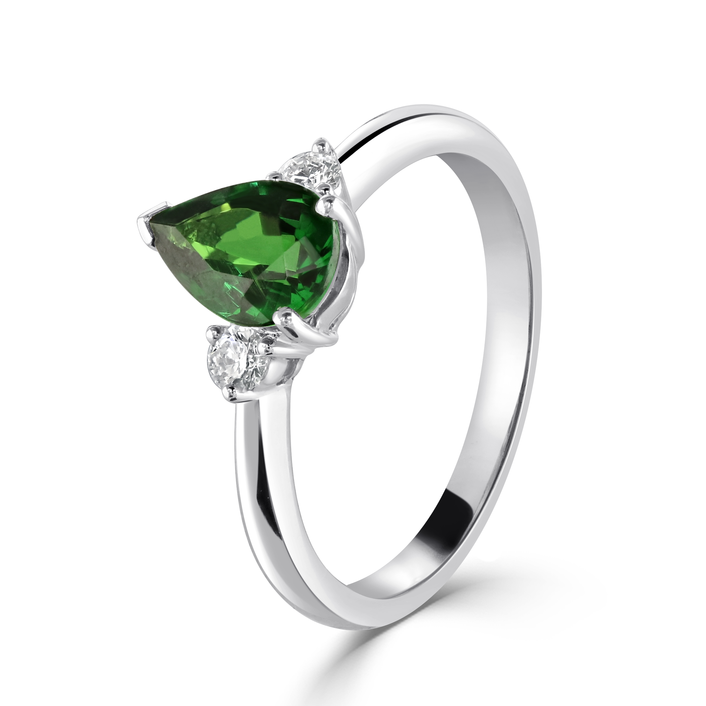 18ct White Gold Pear Cut Tsavorite & Round Brilliant Cut Diamond Trilogy Ring