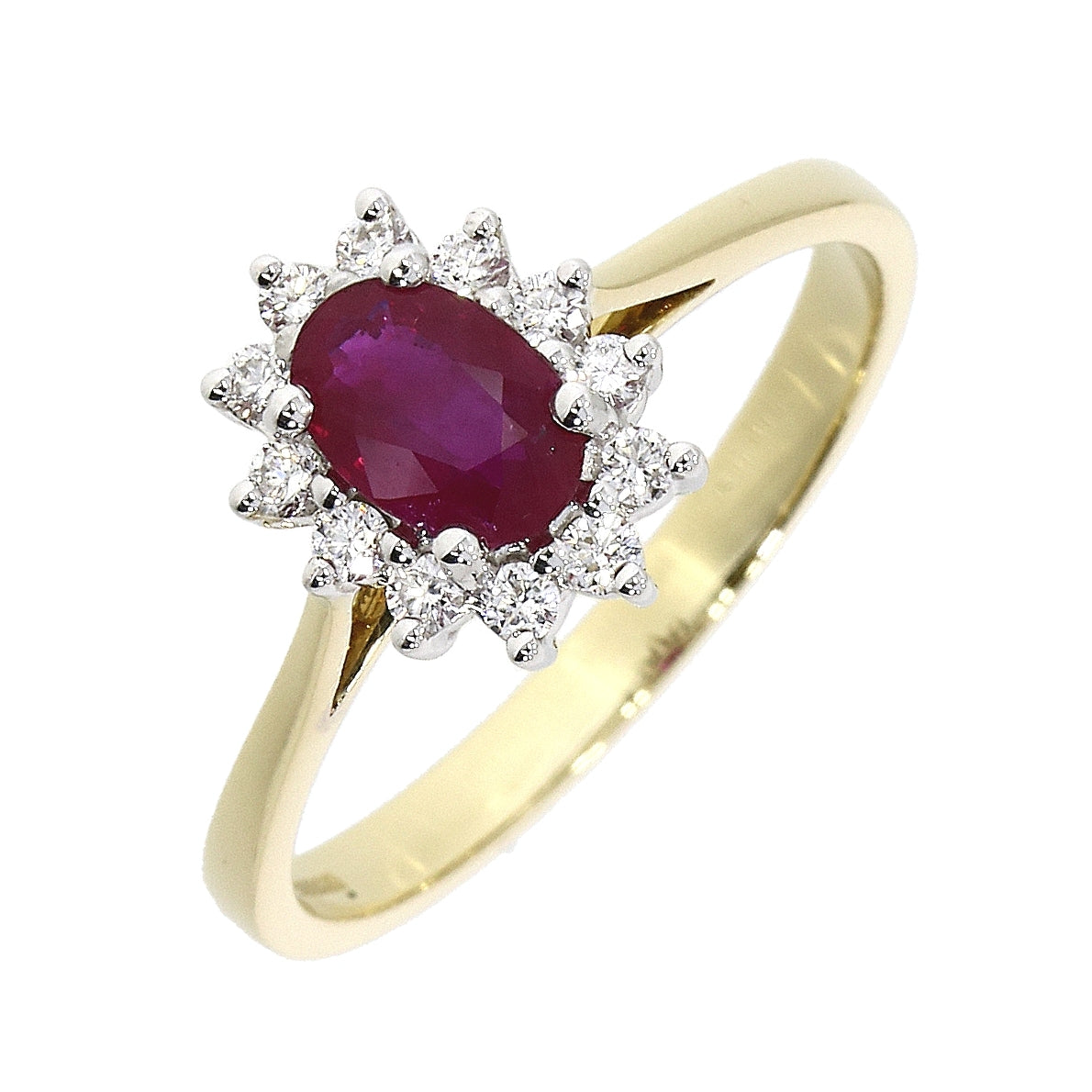18ct yellow gold oval Ruby & 12 diamind cluster ring
