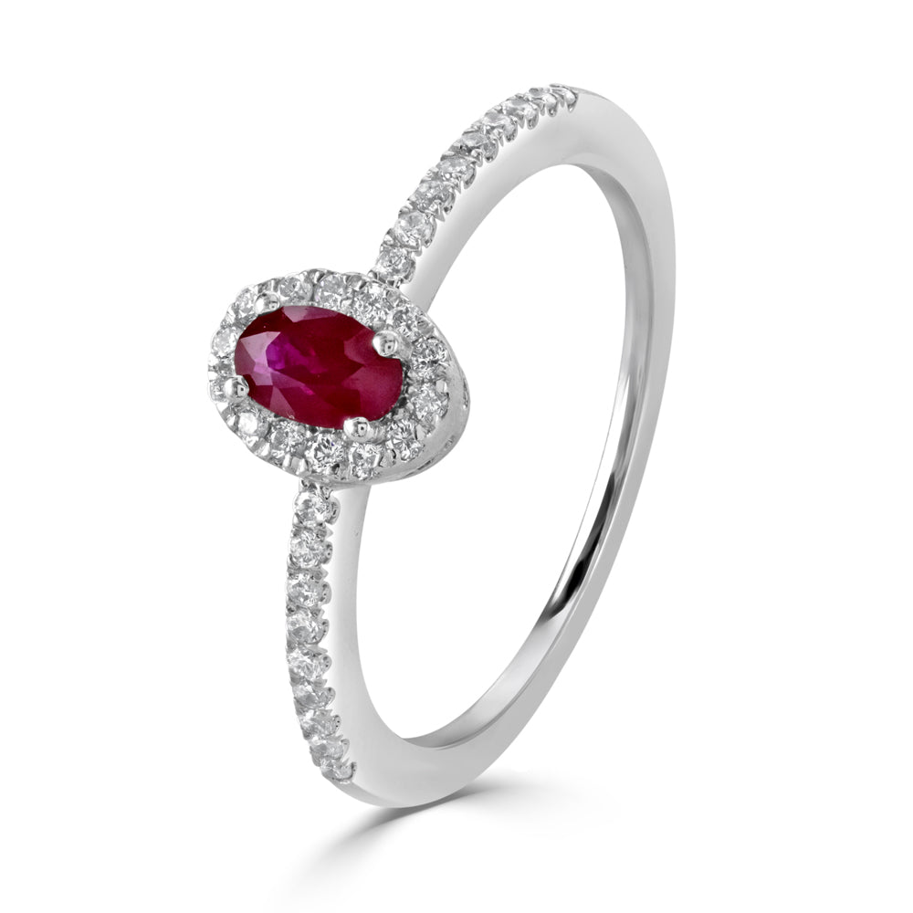 9ct White Gold Oval Cut Ruby & Diamond Halo Cluster Ring with Diamond Shoulders