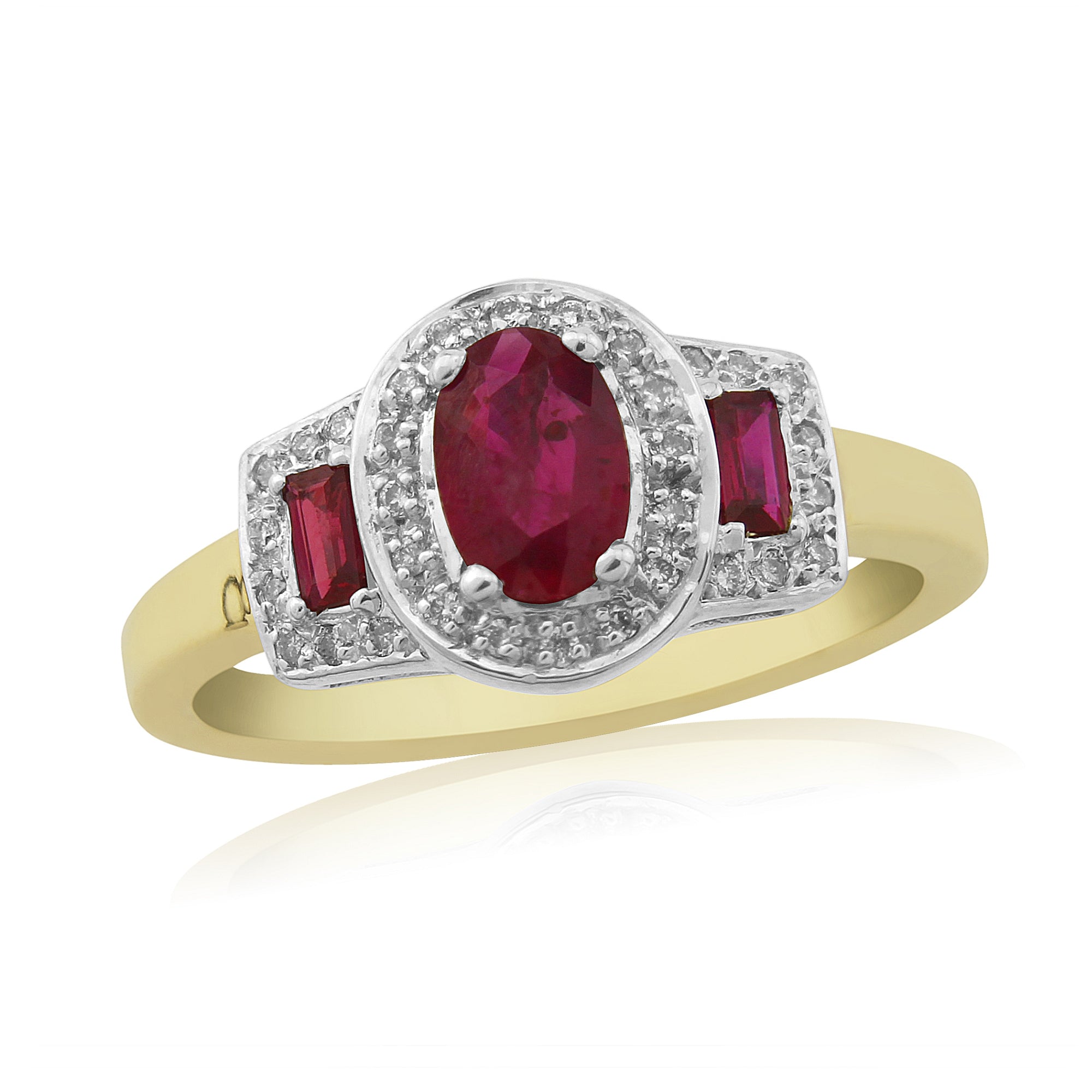 9ct Yellow Gold Oval & Rectangular Cut Ruby & Diamond Triple Cluster Ring