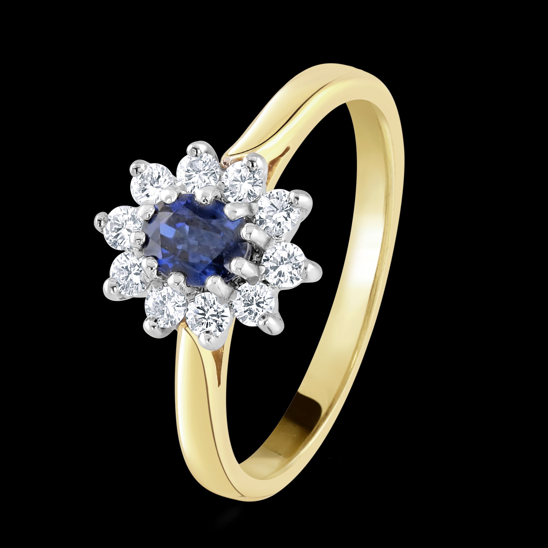 18ct Yellow Gold Oval Cut Sapphire & Diamond Cluster Ring