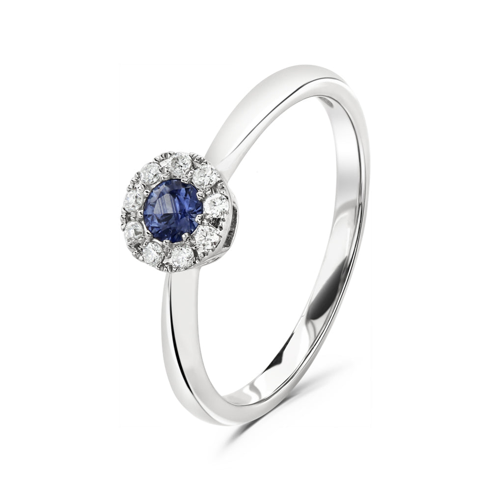 18ct White Gold Round Cut Sapphire & Diamond Halo Cluster Ring